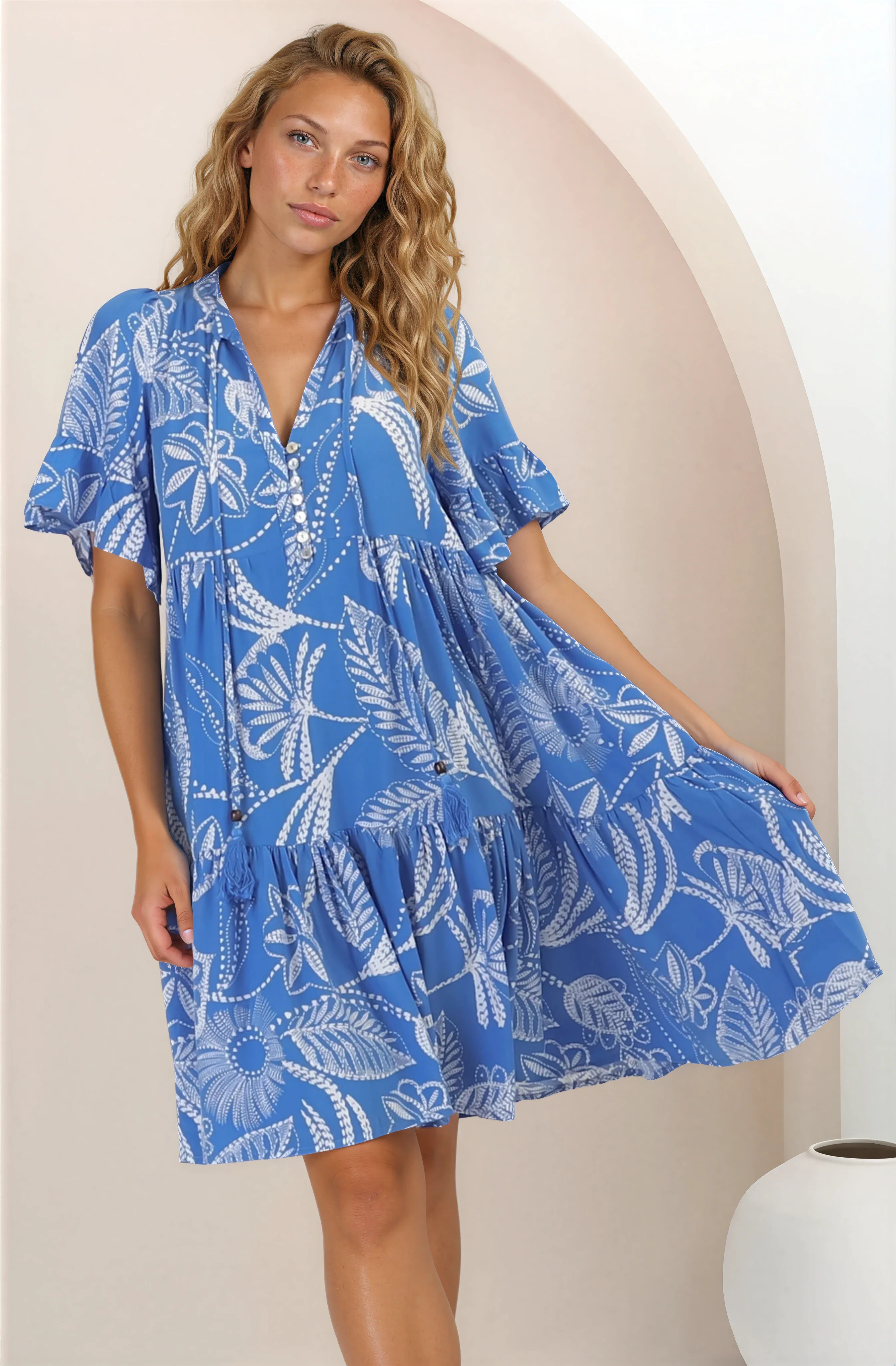 Abilia Mini Dress - Mandarin Collar Buttoned Bodice Smock Dress in Havanna Print in Blue - Image 10