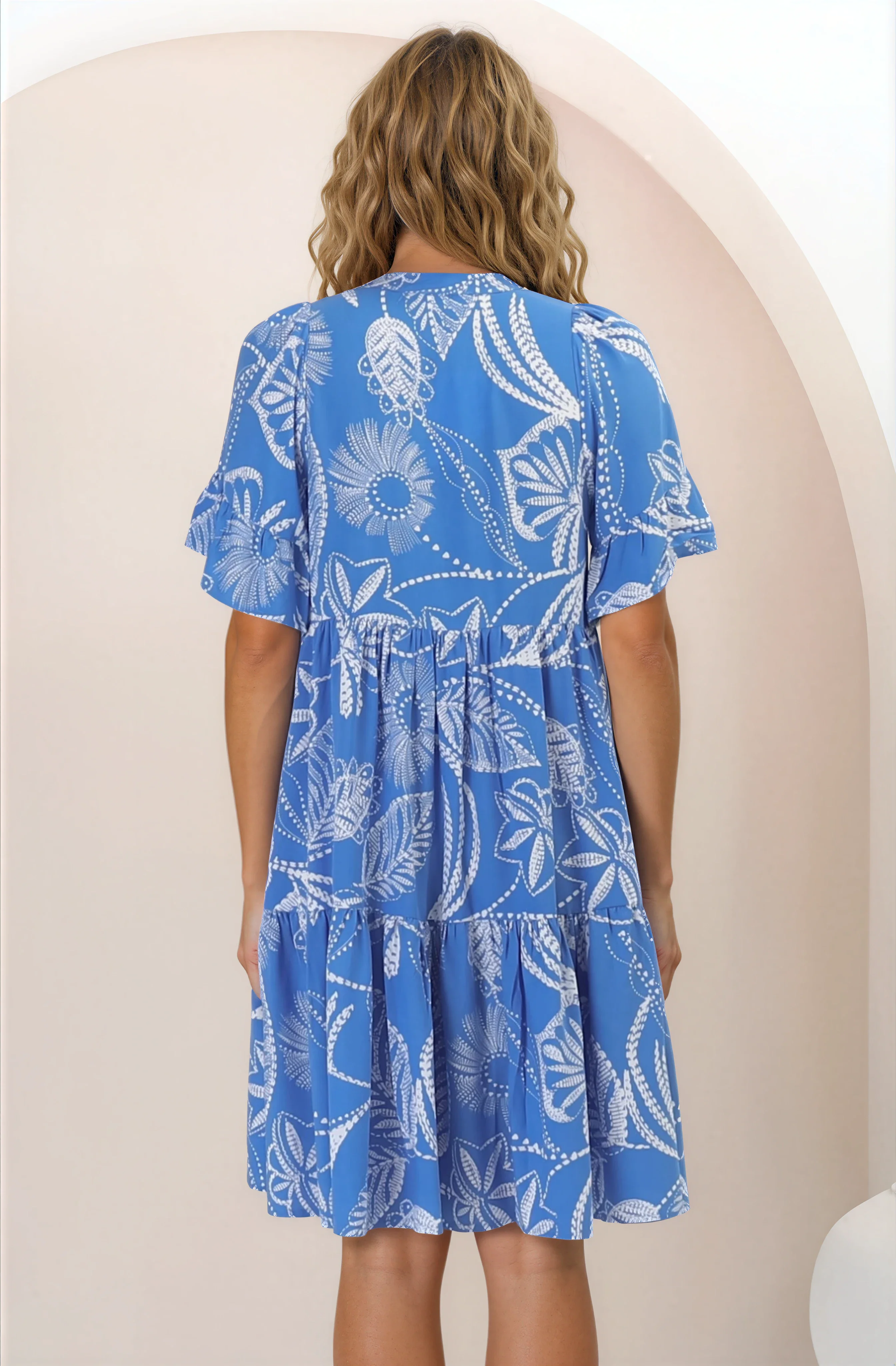 Abilia Mini Dress - Mandarin Collar Buttoned Bodice Smock Dress in Havanna Print in Blue - Image 13