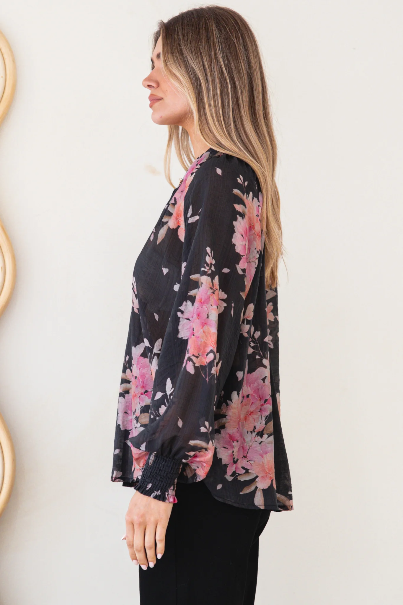Adora Top - Mandarin Collar Button-Down with Long Balloon Sleeves in Odessa Print - Image 7