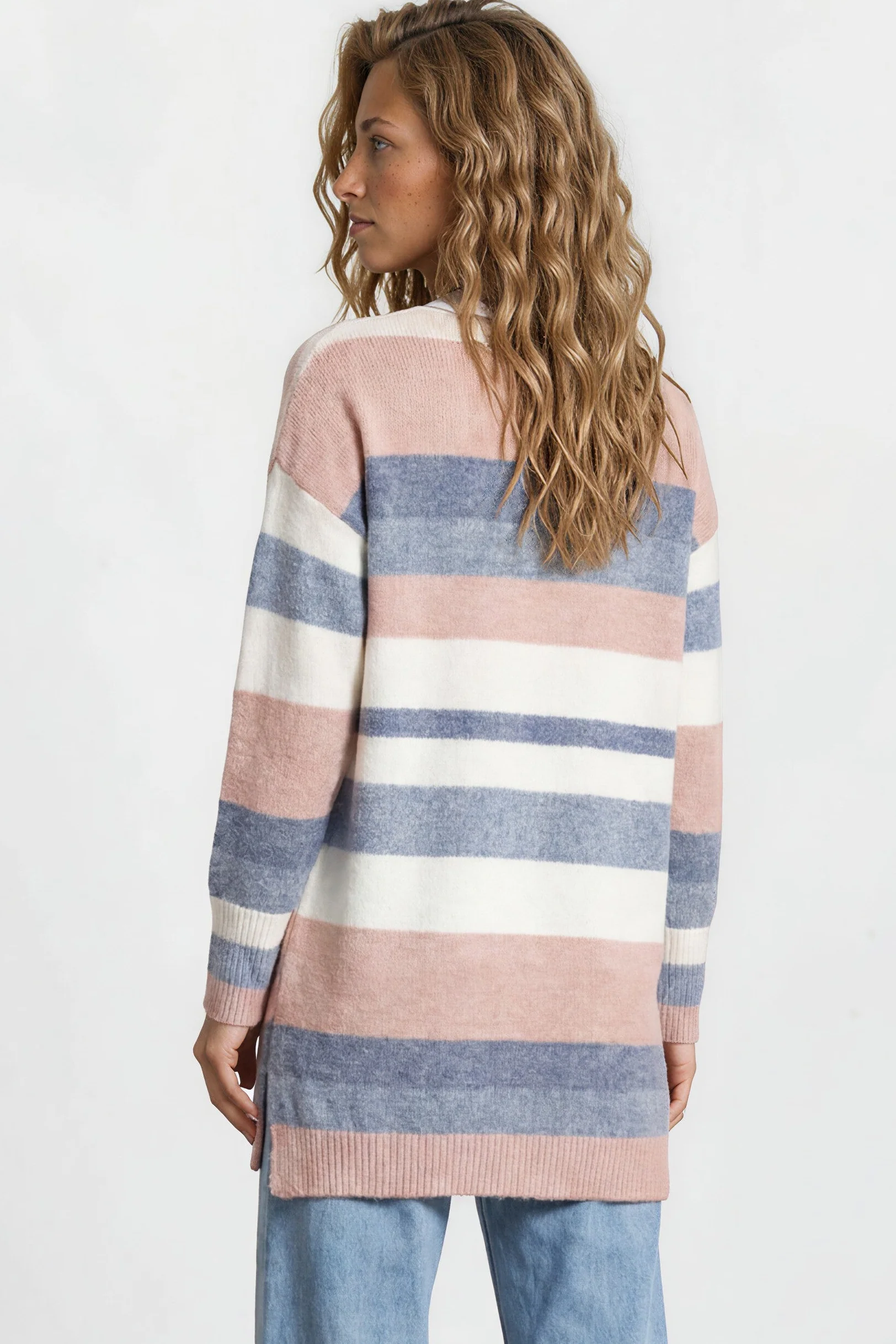 Alfie Cardigan - Open Stripe Knit with Pockets and Rib Knit Trim in Pink/Blue - Image 4