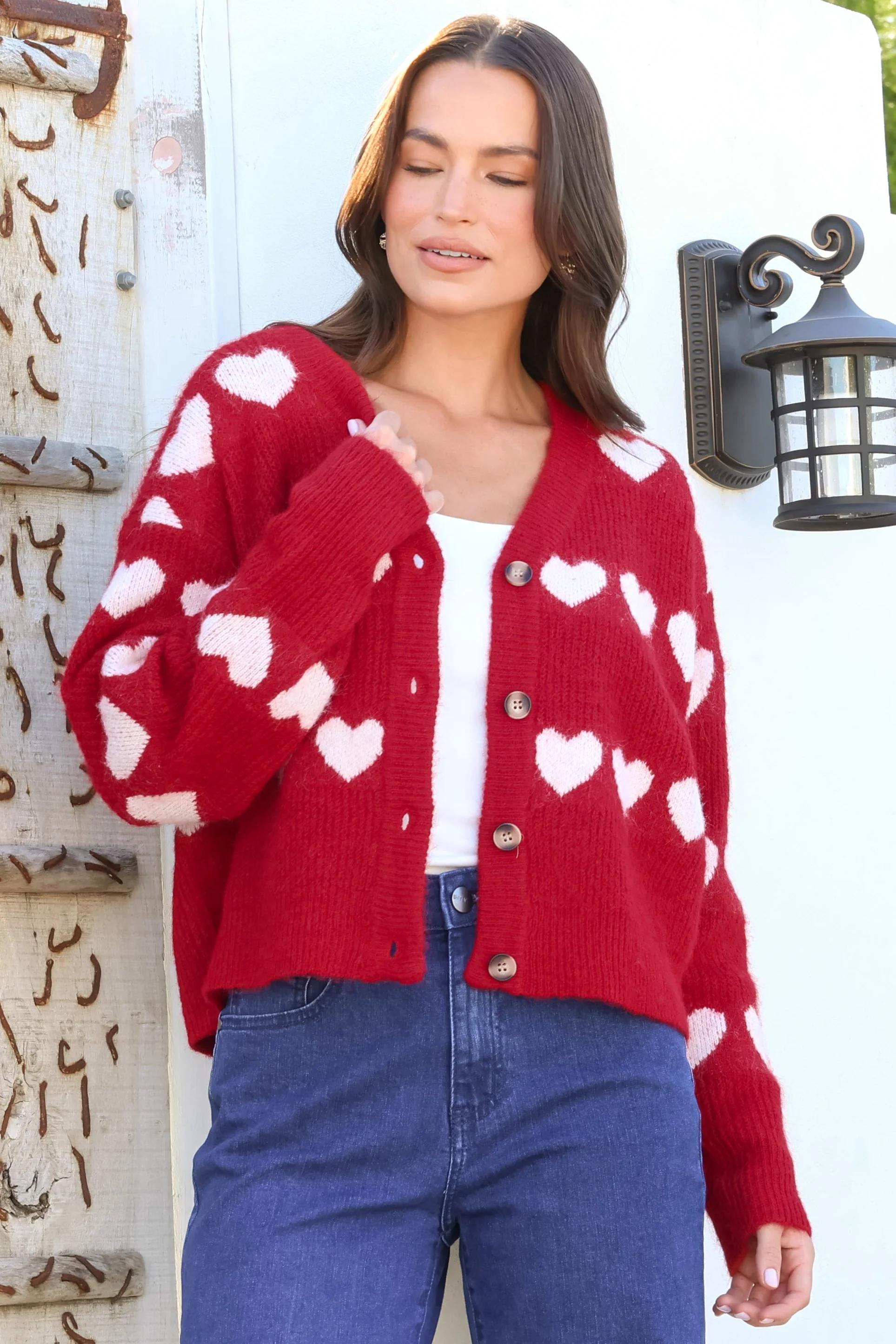 Allaria Cardigan - V-Neck Button Front Heart Motif Knit in Red - Image 4