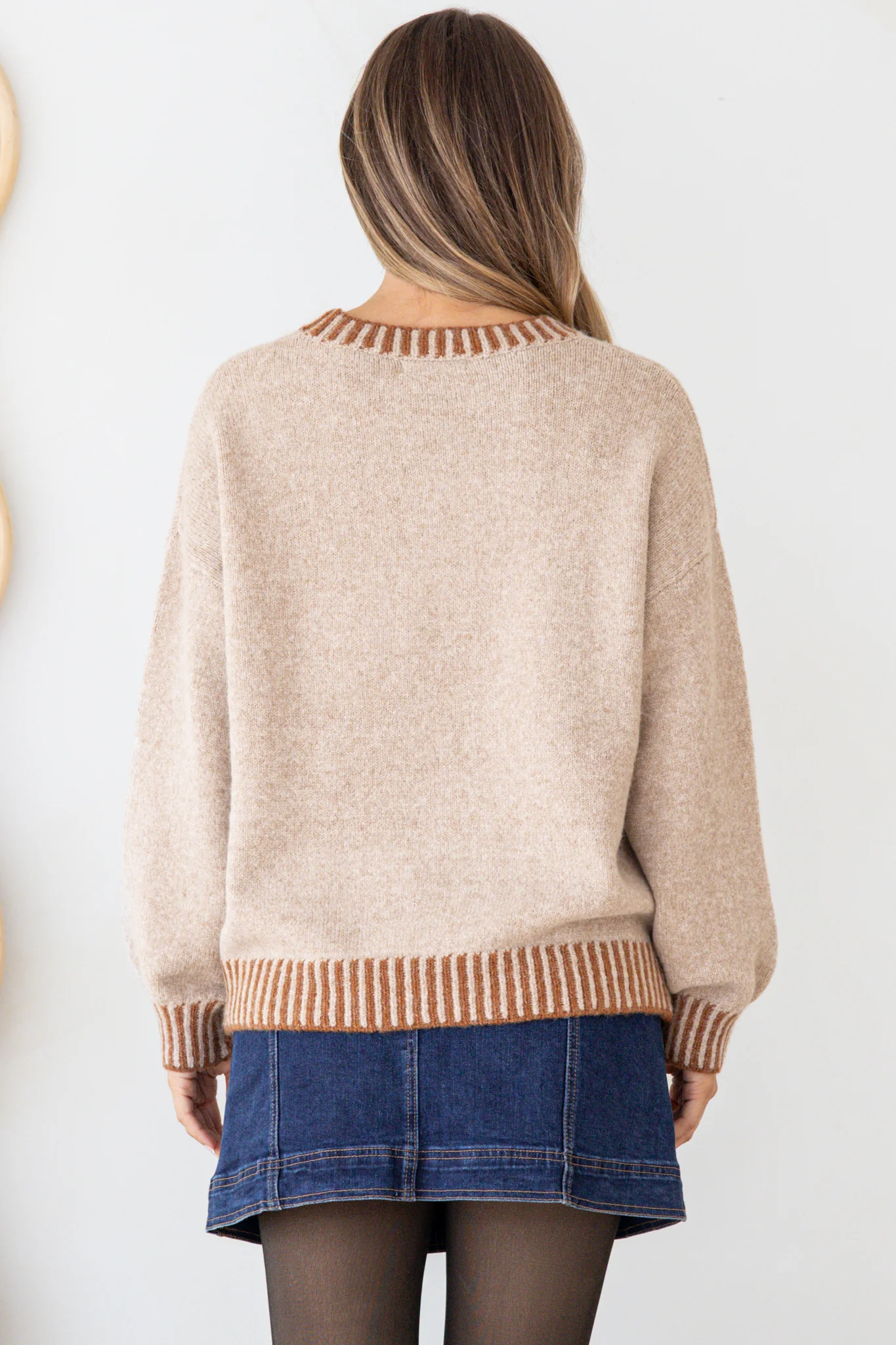 Aura Jumper - Crew Neck Jumper with Contrast Stripe Trim in Mocha - Image 8