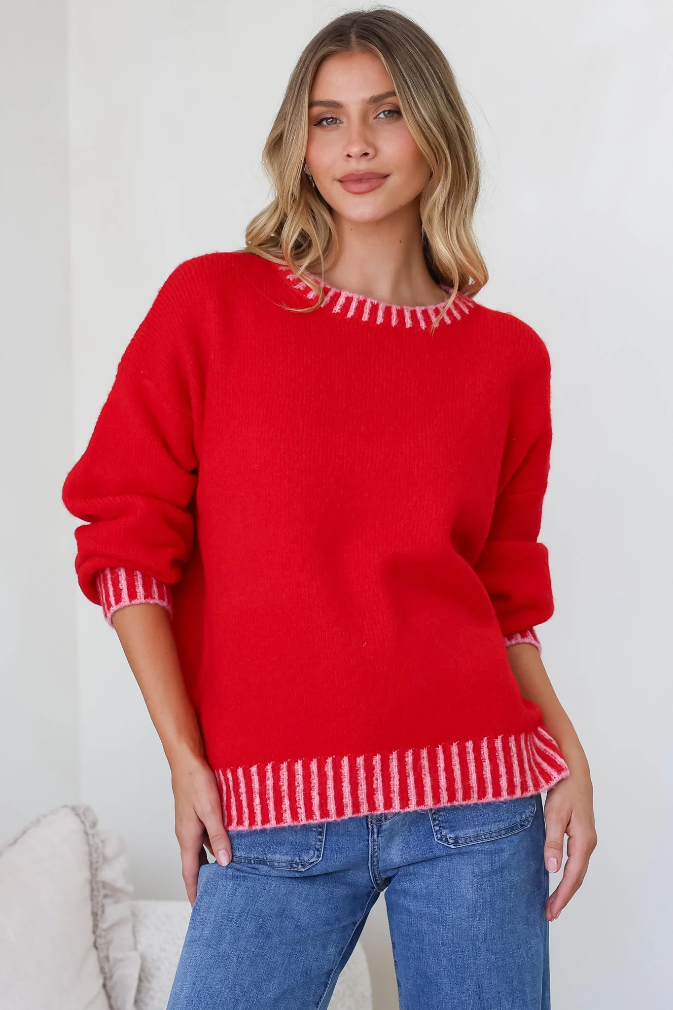 Aura Jumper - Crew Neck Jumper with Contrast Stripe Trim in Red - Image 2