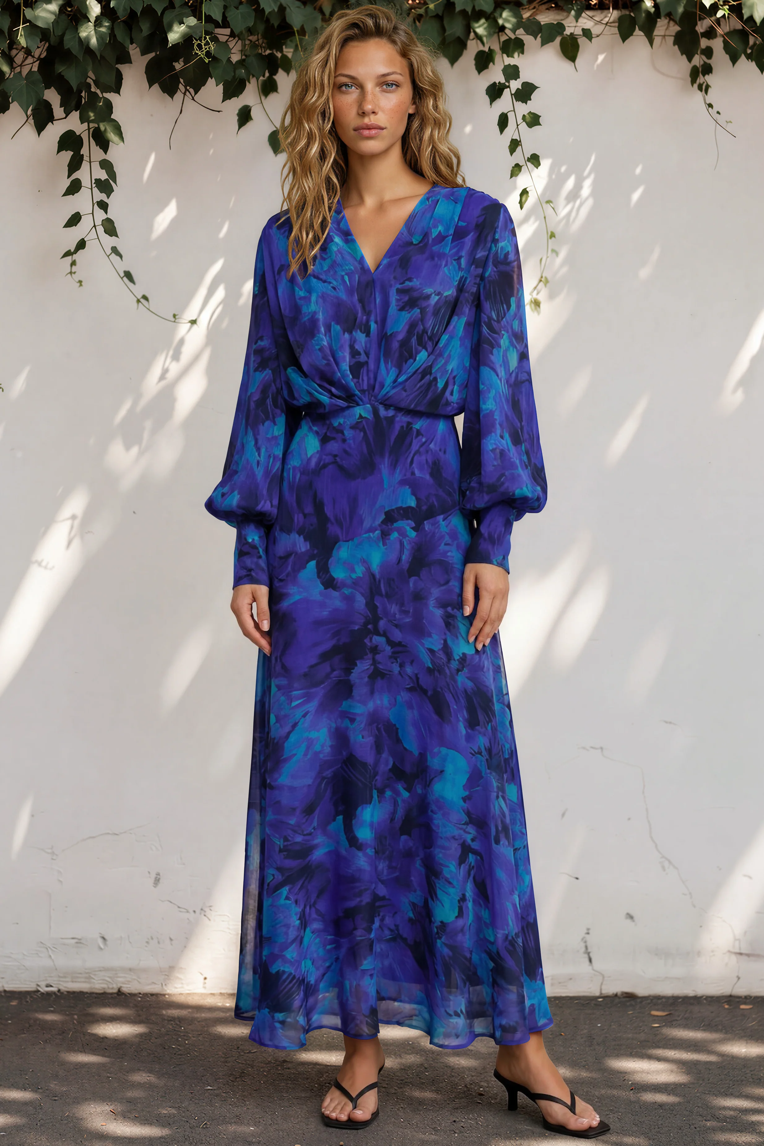 Azura Maxi Dress - V-Neckline Dress with Long Shirred Sleeves in Bluebell Print - Image 3
