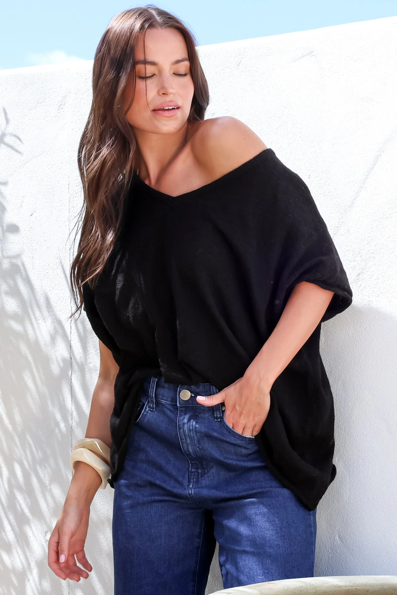 Baha Knit Top - Relaxed V Neck Cotton Knit with Short Sleeves in Black - Image 2