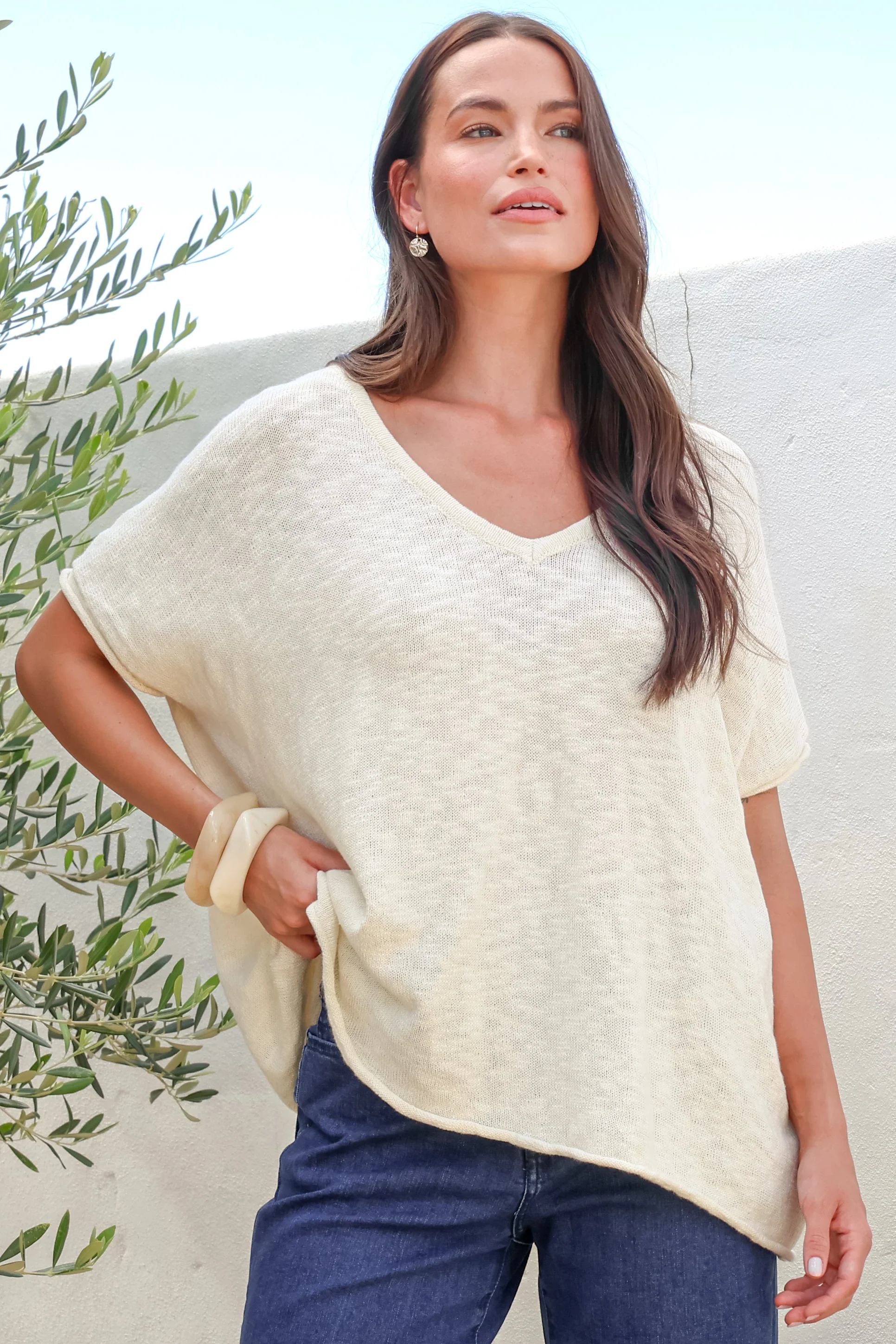 Baha Knit Top - Relaxed V Neck Cotton Knit with Short Sleeves in White - Image 5