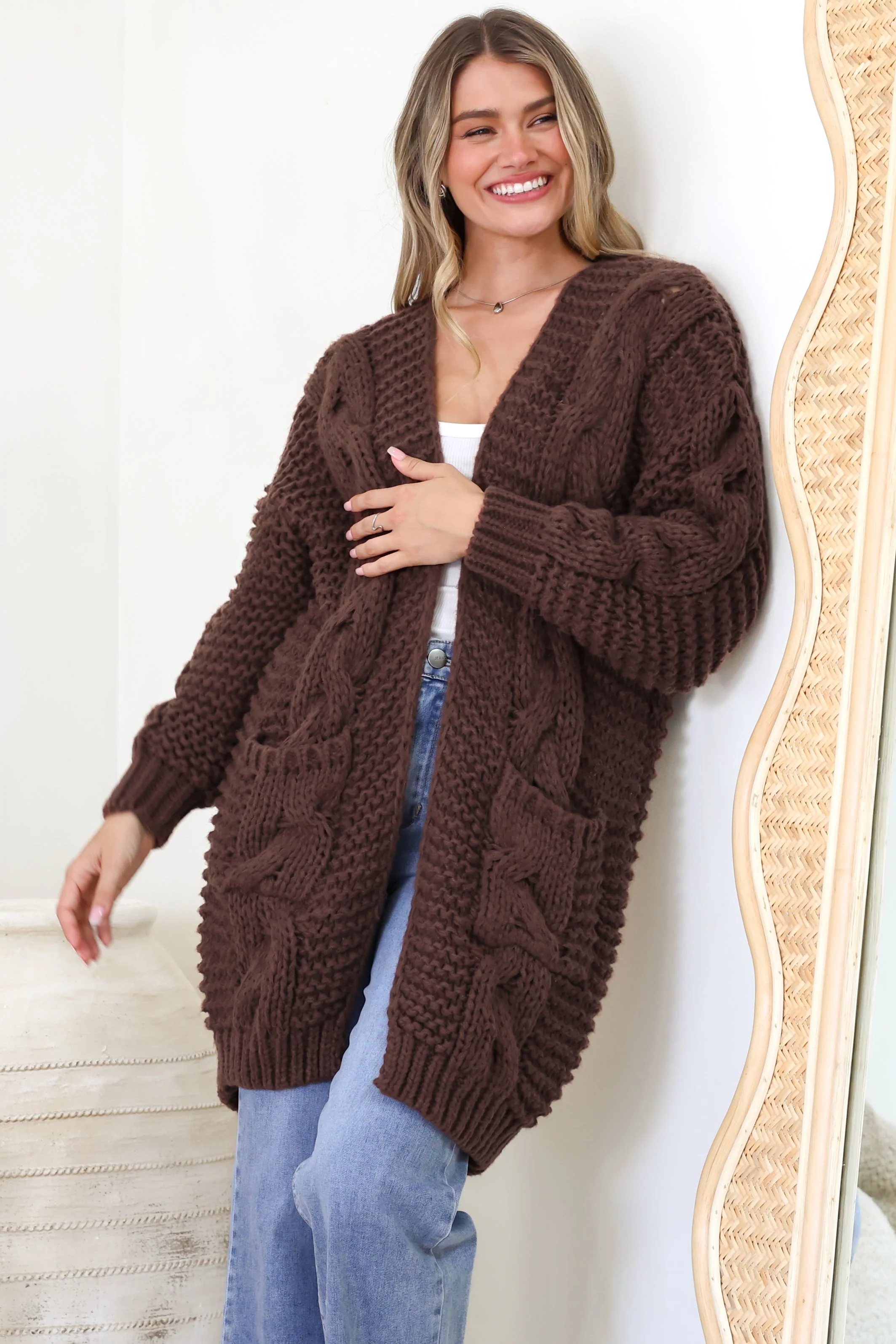 Beckett Cardigan - Open Front Chunky Cable Knit with Pockets in Chocolate - Image 2