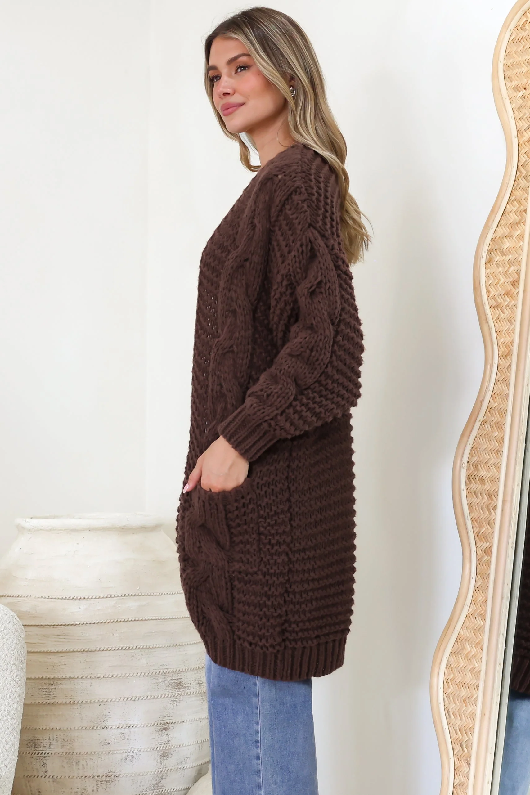 Beckett Cardigan - Open Front Chunky Cable Knit with Pockets in Chocolate - Image 8