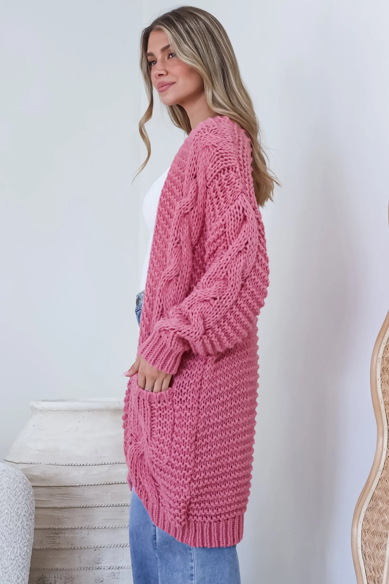 Beckett Cardigan - Open Front Chunky Cable Knit with Pockets in Pink - Image 7