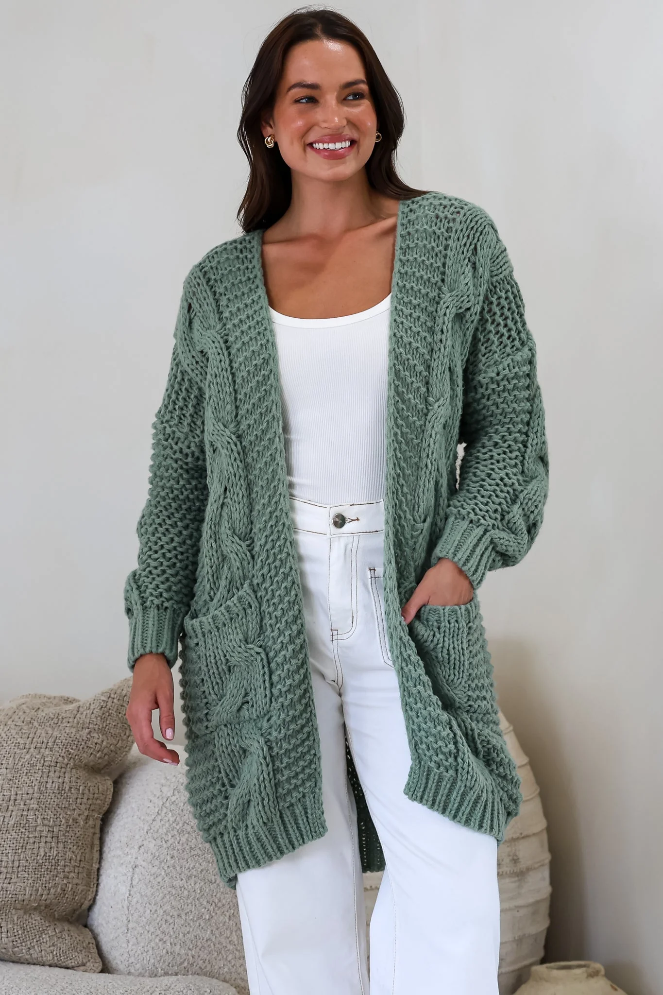 Beckett Cardigan - Open Front Chunky Cable Knit with Pockets in Sage - Image 6