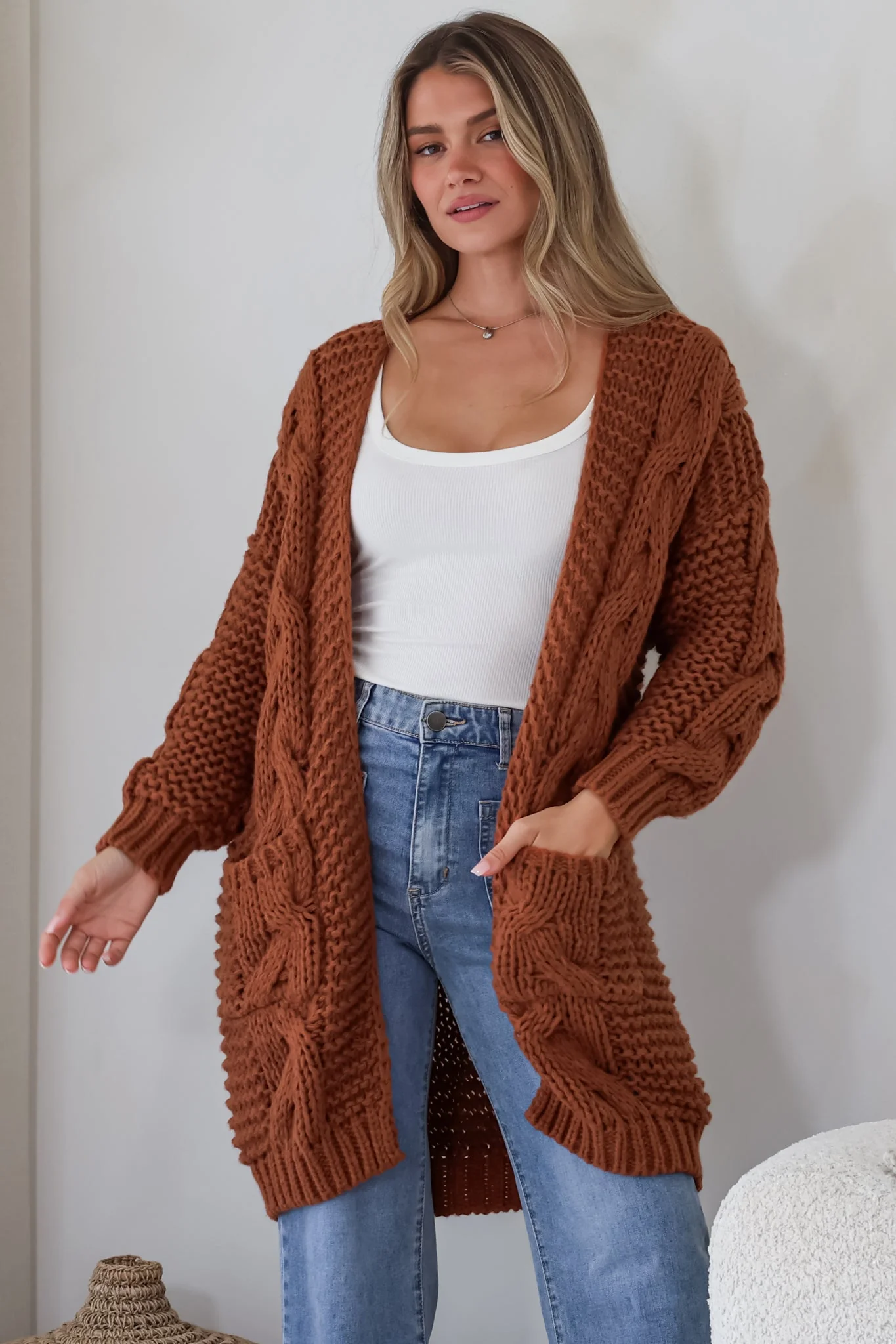 Beckett Cardigan - Open Front Chunky Cable Knit with Pockets in Terracotta - Image 2