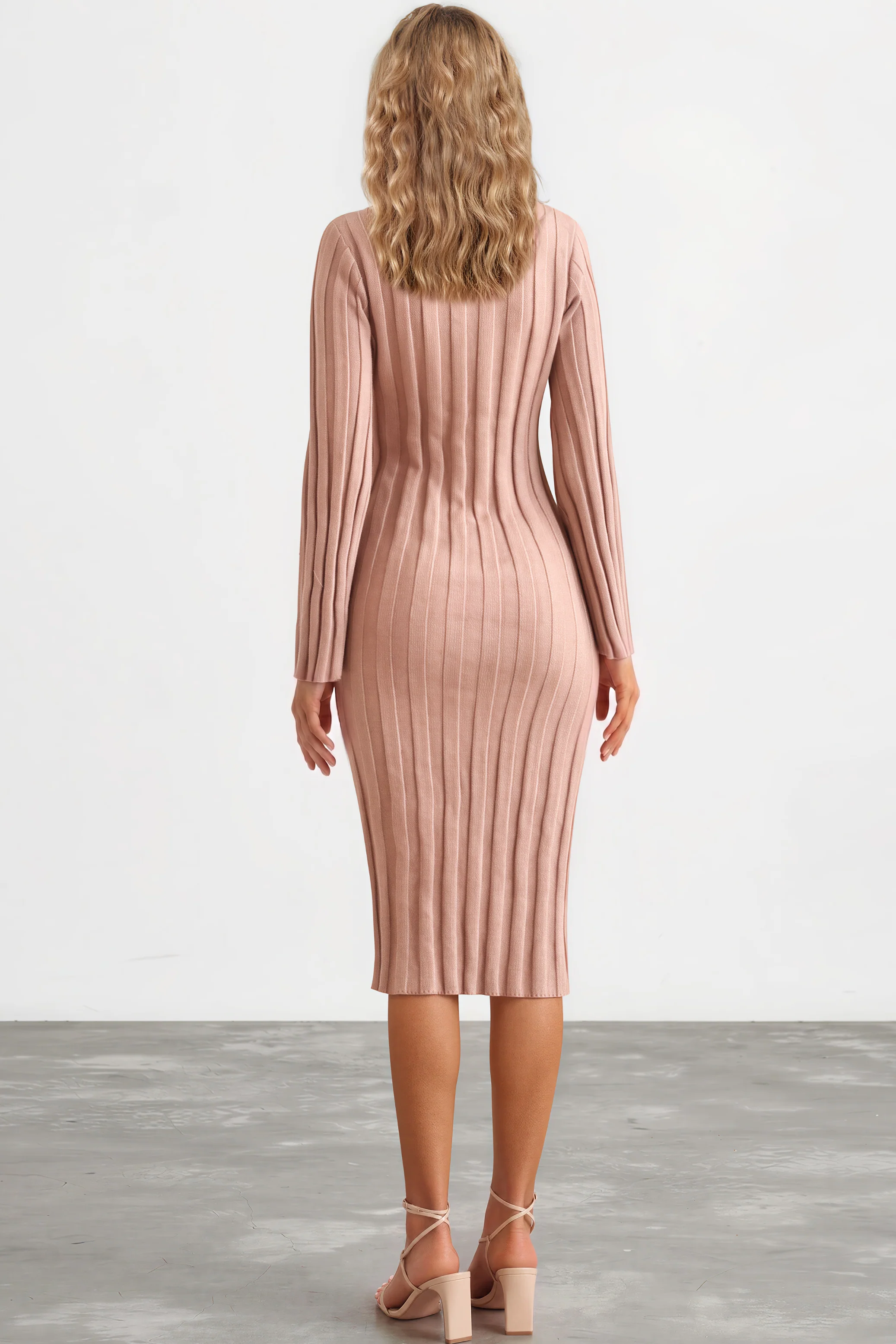 Beckett Midi Dress - Mockneck Ribbed Knit Dress in Camel - Image 5