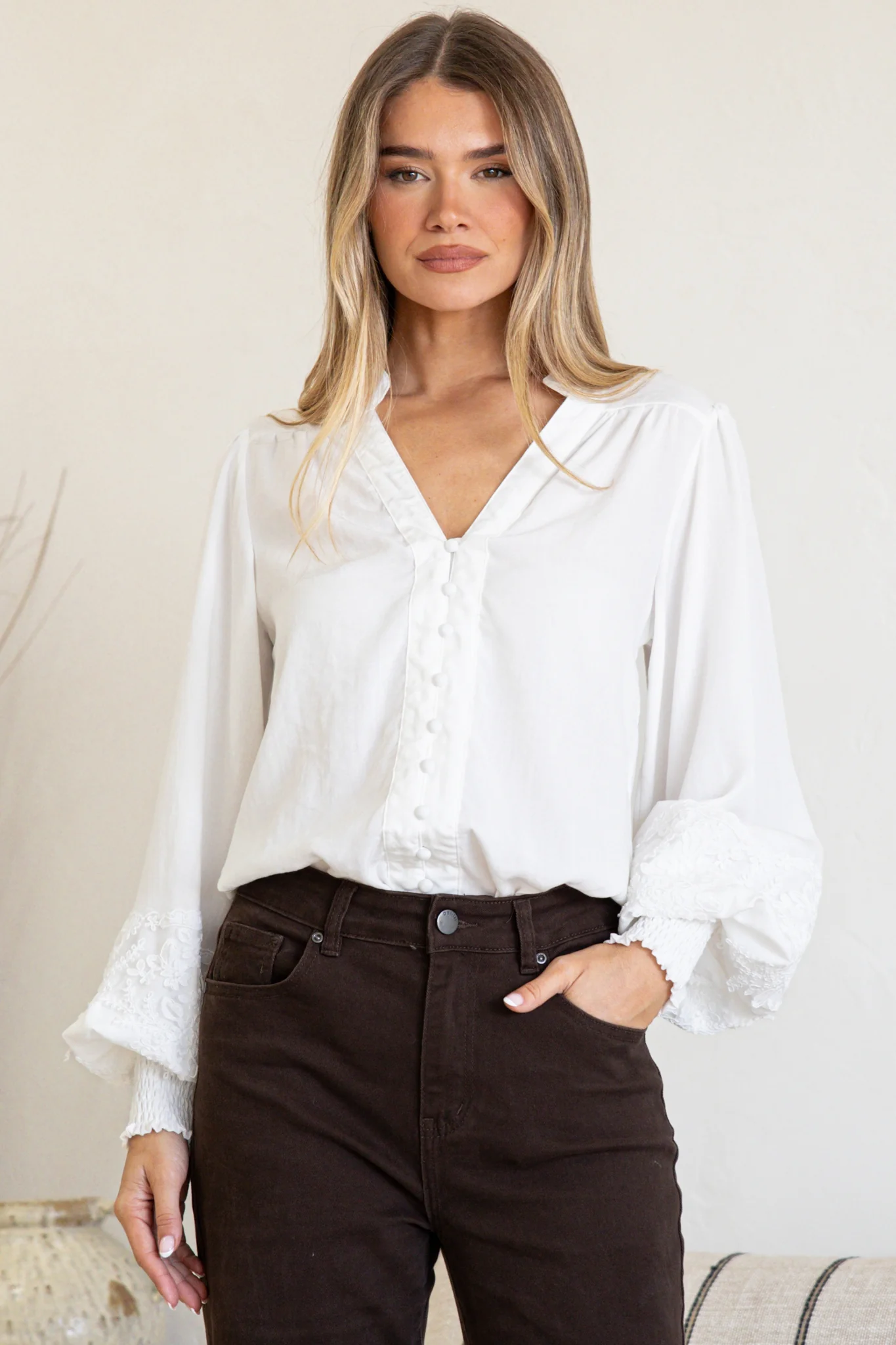 Beldon Blouse -High Mandarin Collar Button Down with Lace Motif Balloon Sleeves and Thick Shirred Cuffs in White