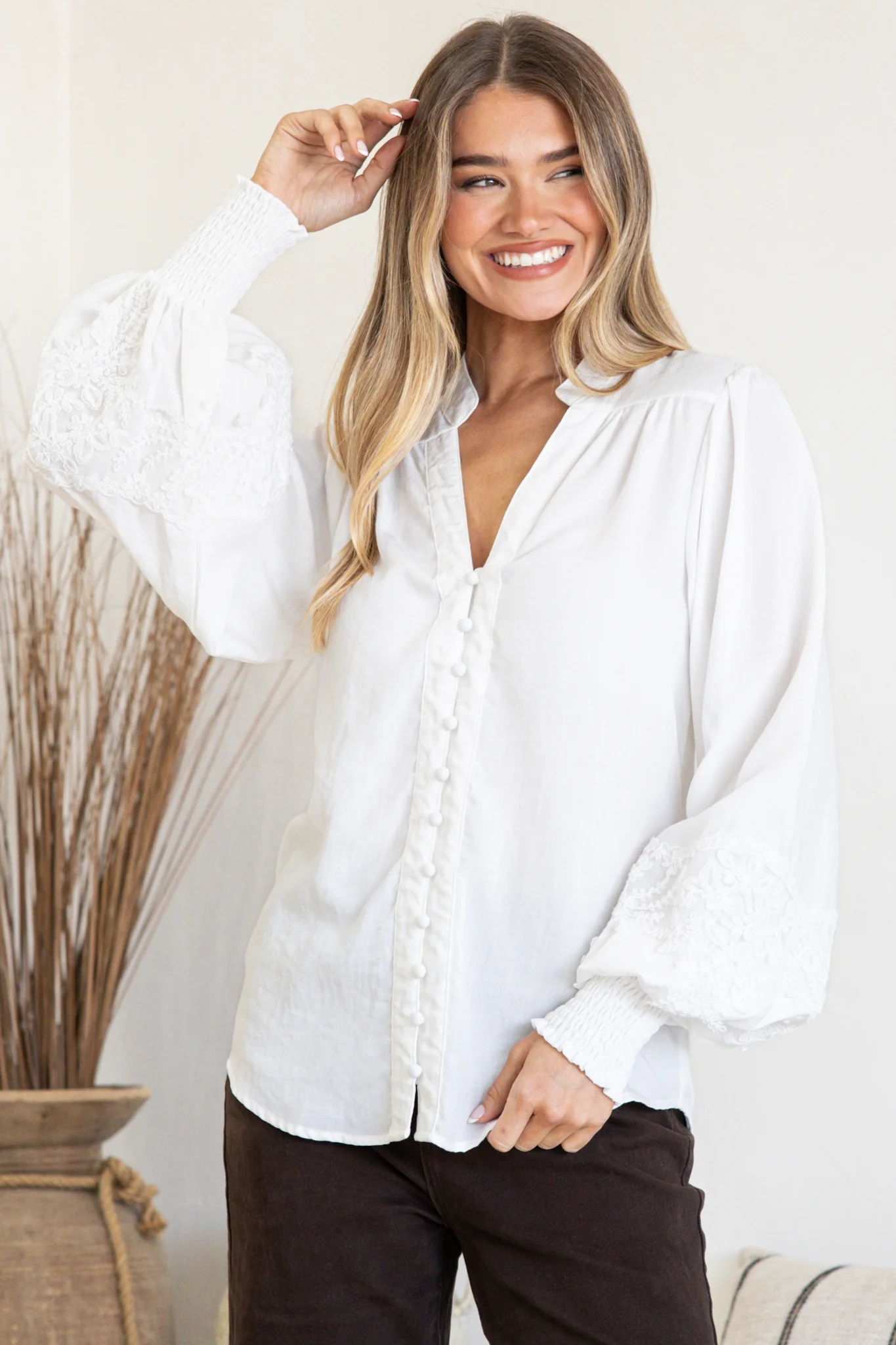 Beldon Blouse -High Mandarin Collar Button Down with Lace Motif Balloon Sleeves and Thick Shirred Cuffs in White - Image 2