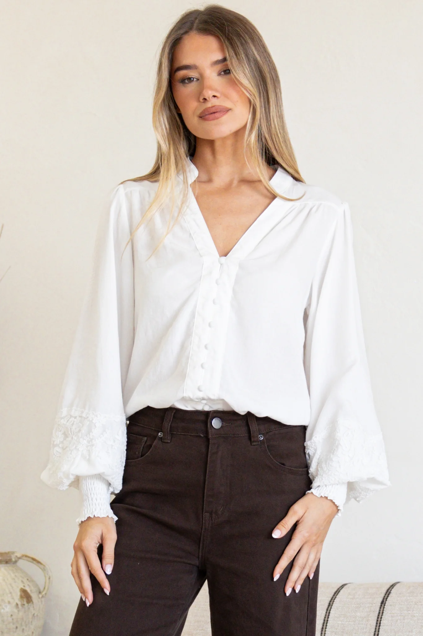 Beldon Blouse -High Mandarin Collar Button Down with Lace Motif Balloon Sleeves and Thick Shirred Cuffs in White - Image 3