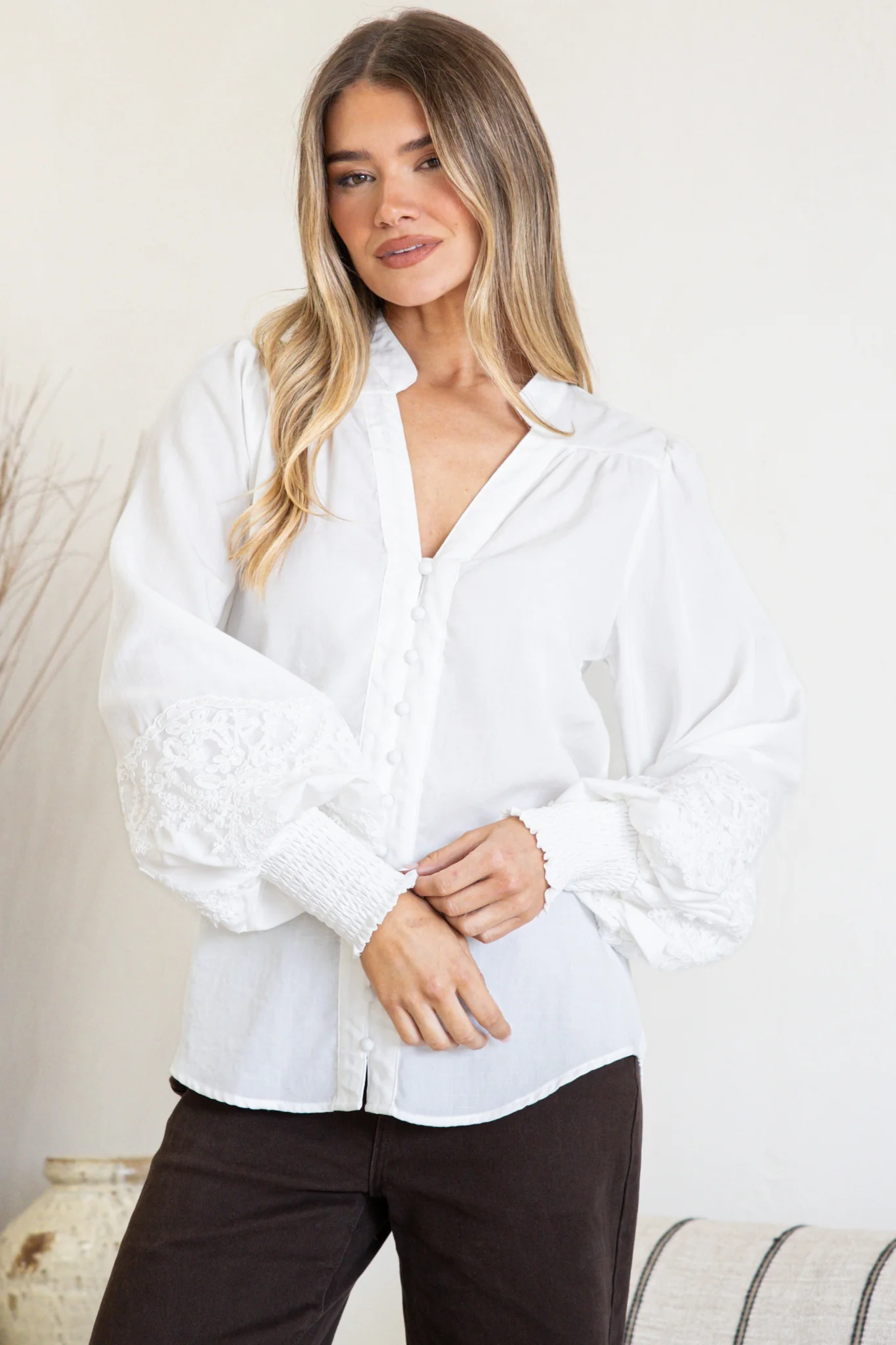 Beldon Blouse -High Mandarin Collar Button Down with Lace Motif Balloon Sleeves and Thick Shirred Cuffs in White - Image 4
