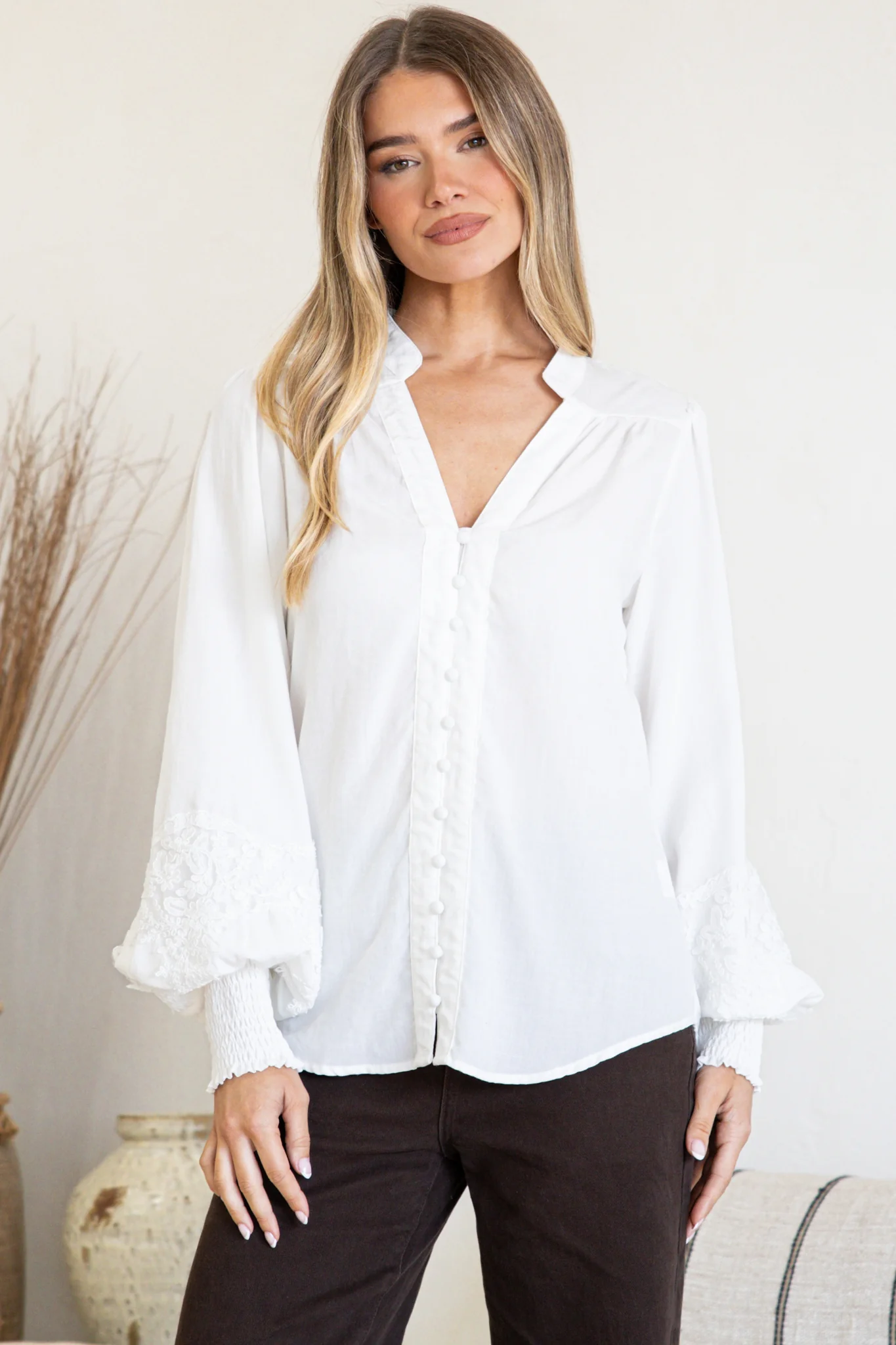 Beldon Blouse -High Mandarin Collar Button Down with Lace Motif Balloon Sleeves and Thick Shirred Cuffs in White - Image 5