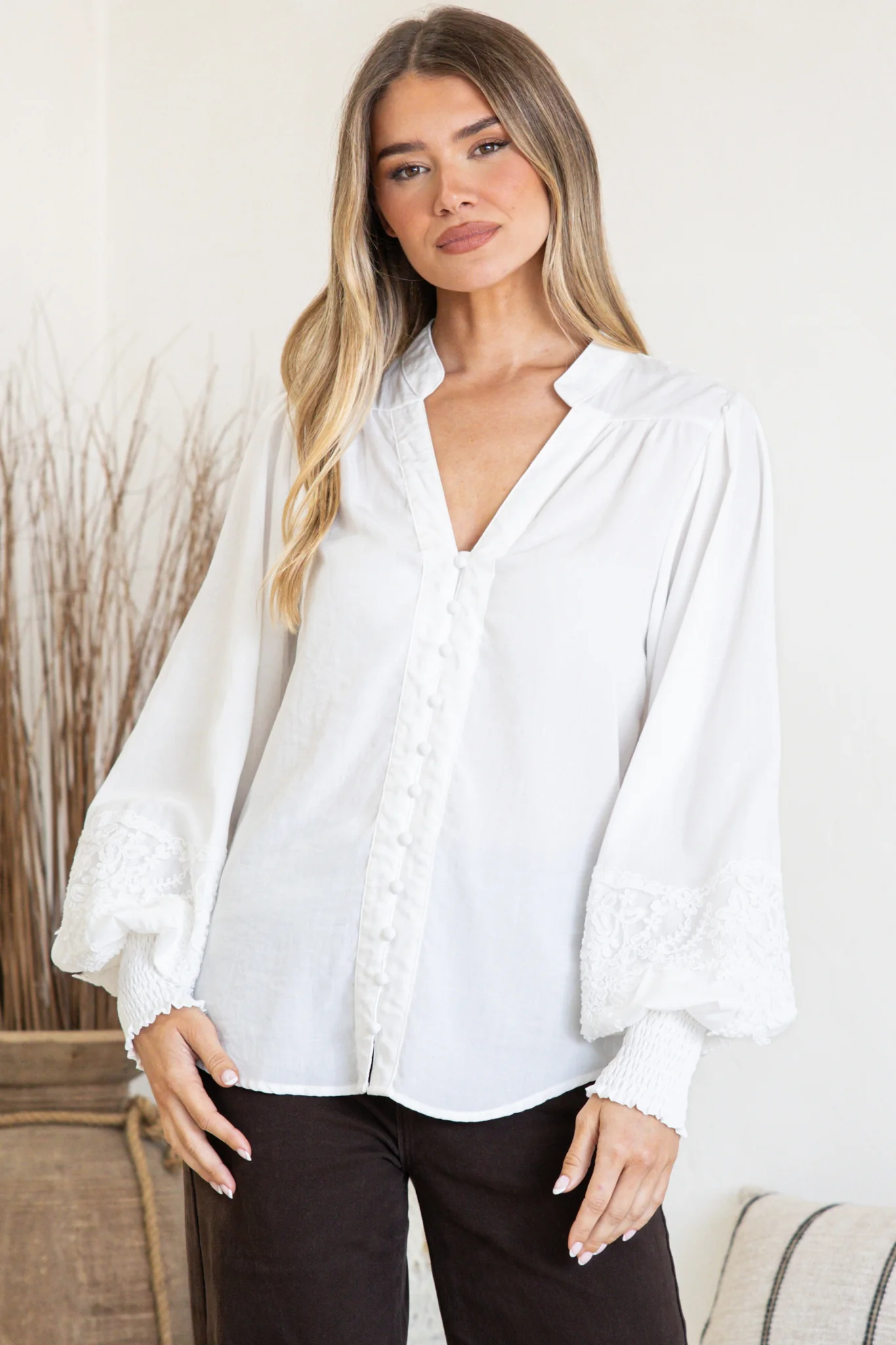 Beldon Blouse -High Mandarin Collar Button Down with Lace Motif Balloon Sleeves and Thick Shirred Cuffs in White - Image 6