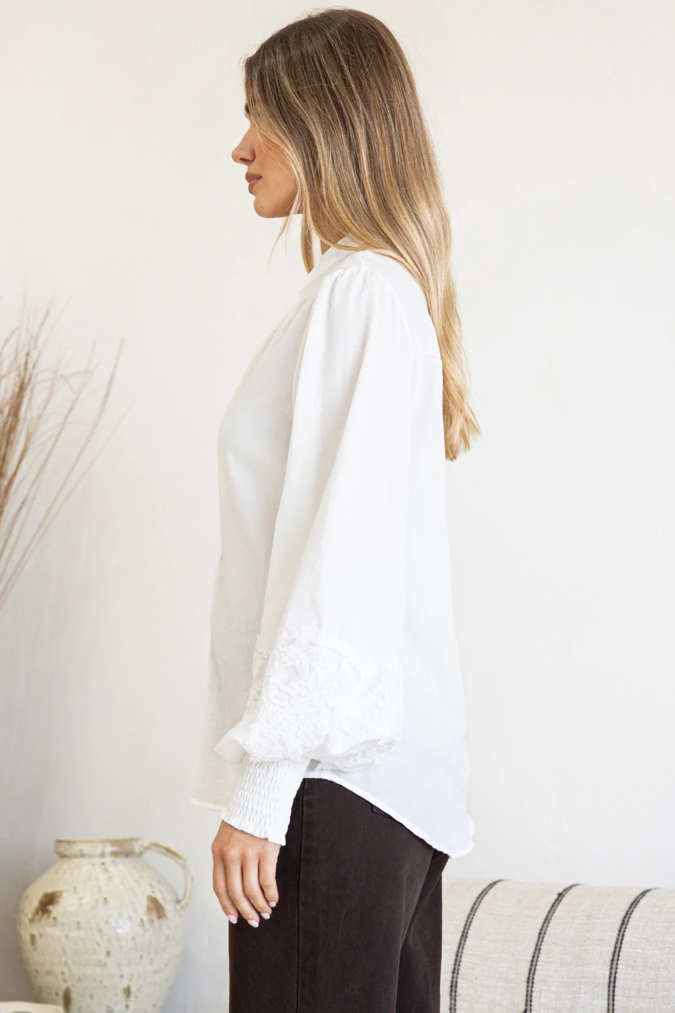 Beldon Blouse -High Mandarin Collar Button Down with Lace Motif Balloon Sleeves and Thick Shirred Cuffs in White - Image 7