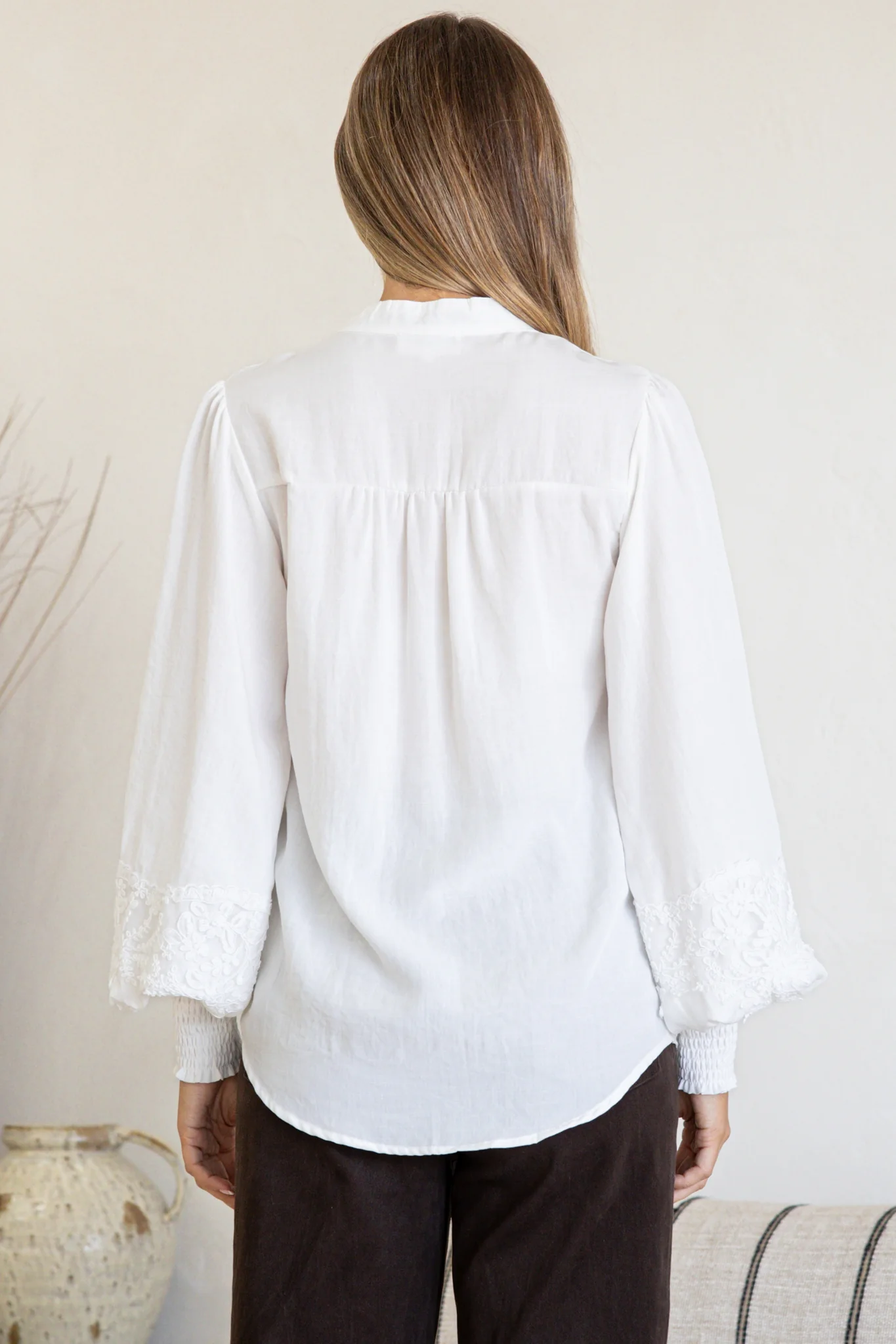 Beldon Blouse -High Mandarin Collar Button Down with Lace Motif Balloon Sleeves and Thick Shirred Cuffs in White - Image 8