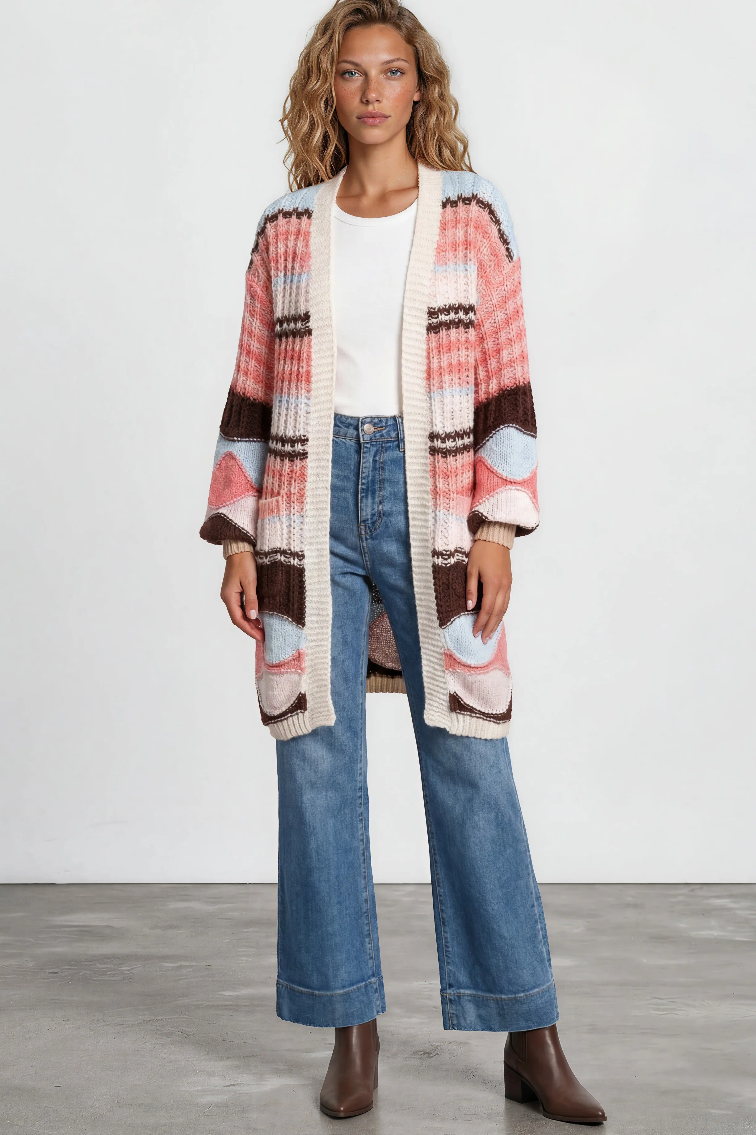 Bellatrix Cardigan - Open Front Multicoloured Stripe Knit with Pockets in Chocolate/Pink - Image 2