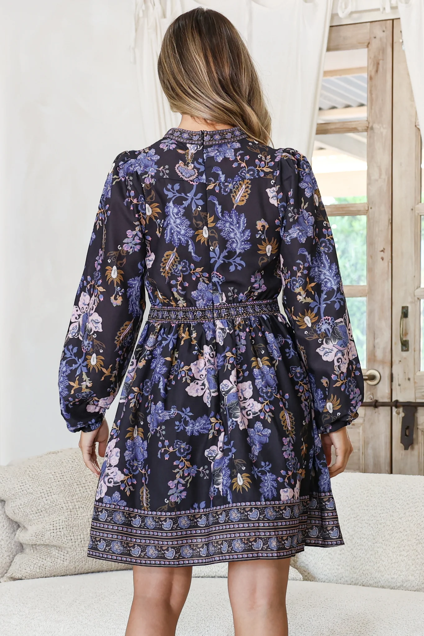 Biondi Mini Dress - Deep V-Neck A-Line Mini with Balloon Sleeves in Luella Print - Image 7