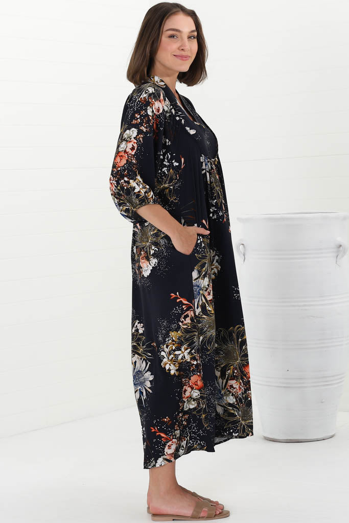 JAASE - Boheme Midi Dress: Piping Defined Bust Slimline Smock Dress In Indigo Print - Image 8