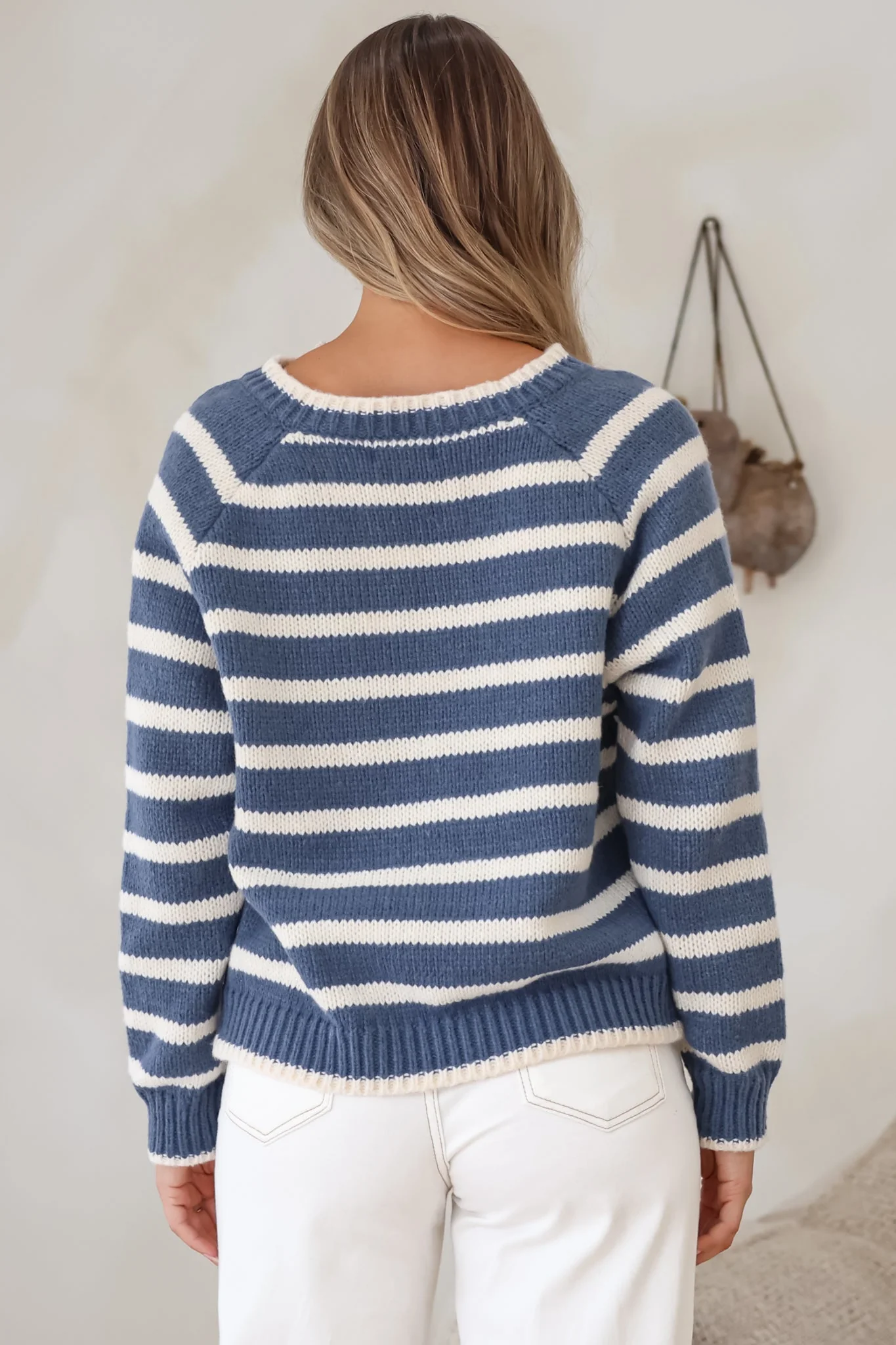 Boscoe Jumper - Split Collar V-Neck Striped Long Sleeve Knit in Navy Blue - Image 8