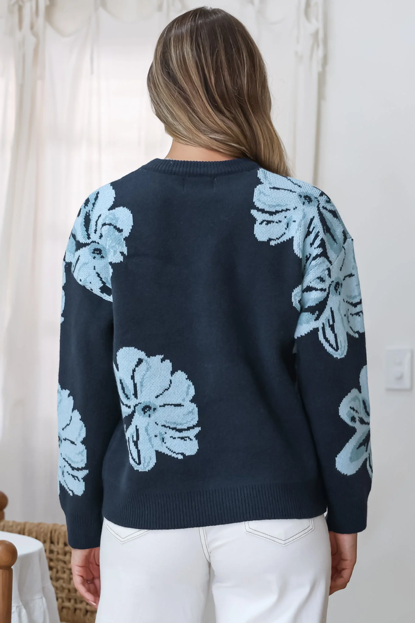 Breezy Jumper - Crew Neck Long Sleeve Floral Knit with Ribbed Hemlines in Navy - Image 9