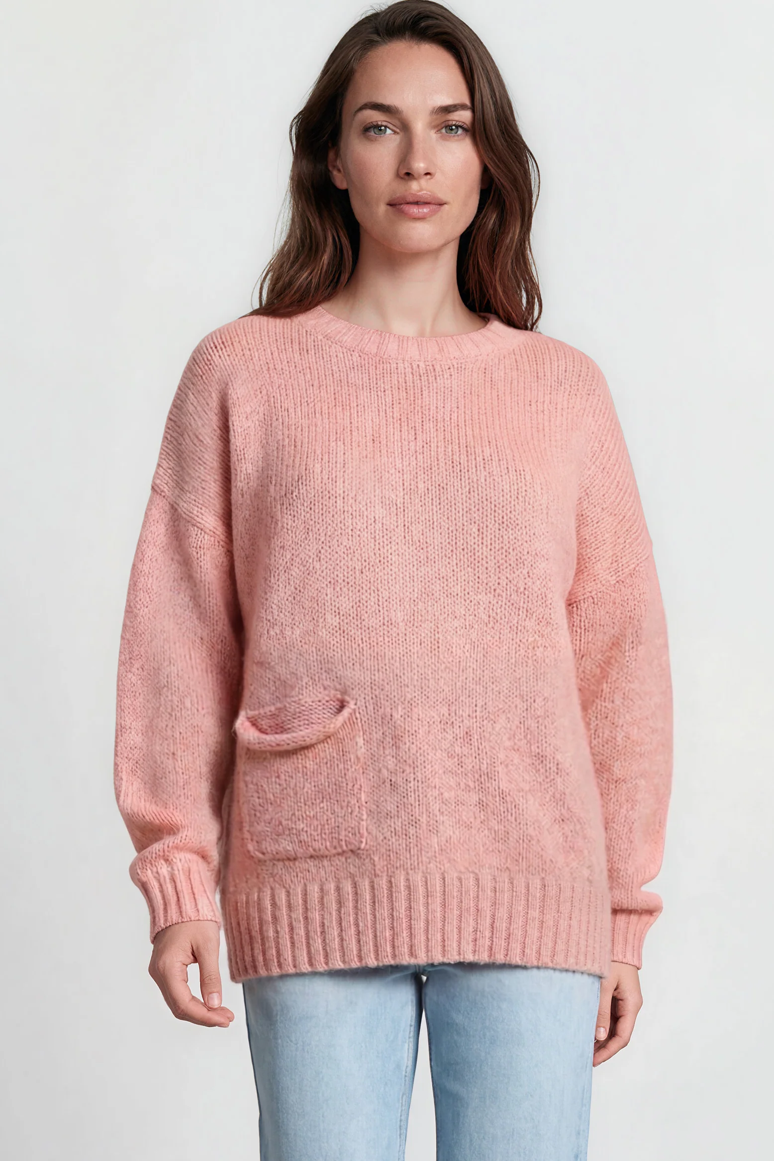 Caesar Jumper - Crew Neck Long Knit with Pocket and Ribbed Hemlines in Pink - Image 2