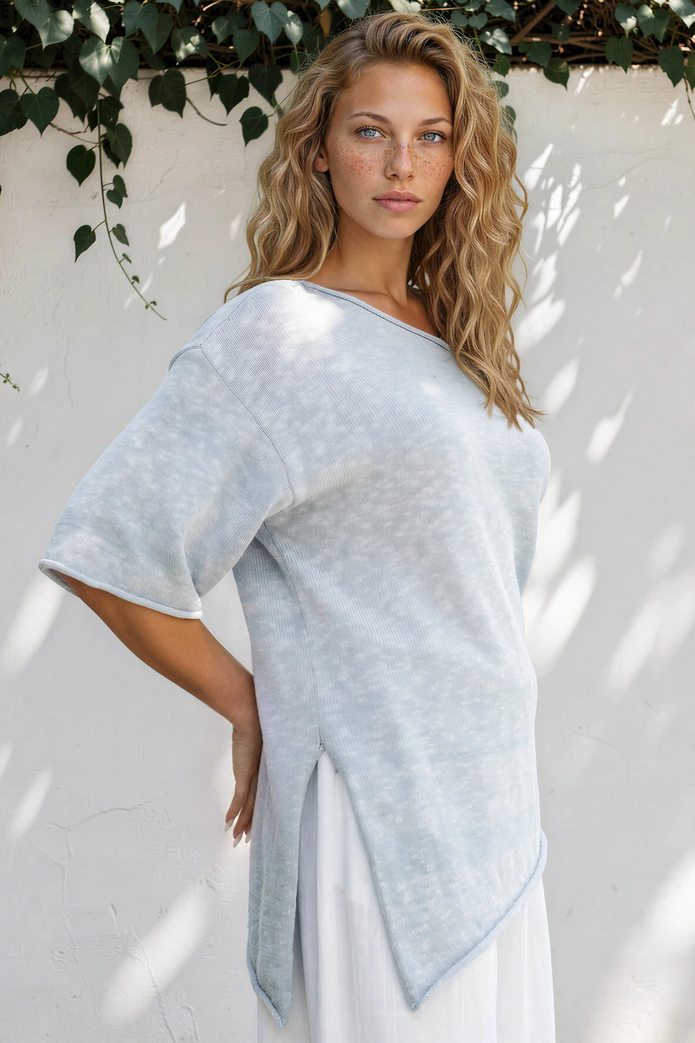 Callie Knit Top - Slouchy Asymmetrical Neckline Top in Blue - Image 5