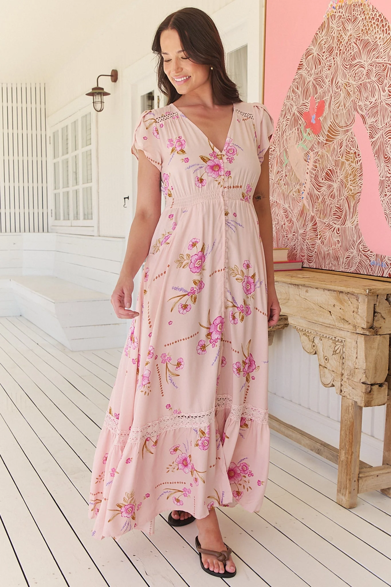 JAASE - Carmen Maxi Dress: Butterfly Cap Sleeve Button Down A Line Dress with Lace Trim in Blushing Fields Print - Image 2