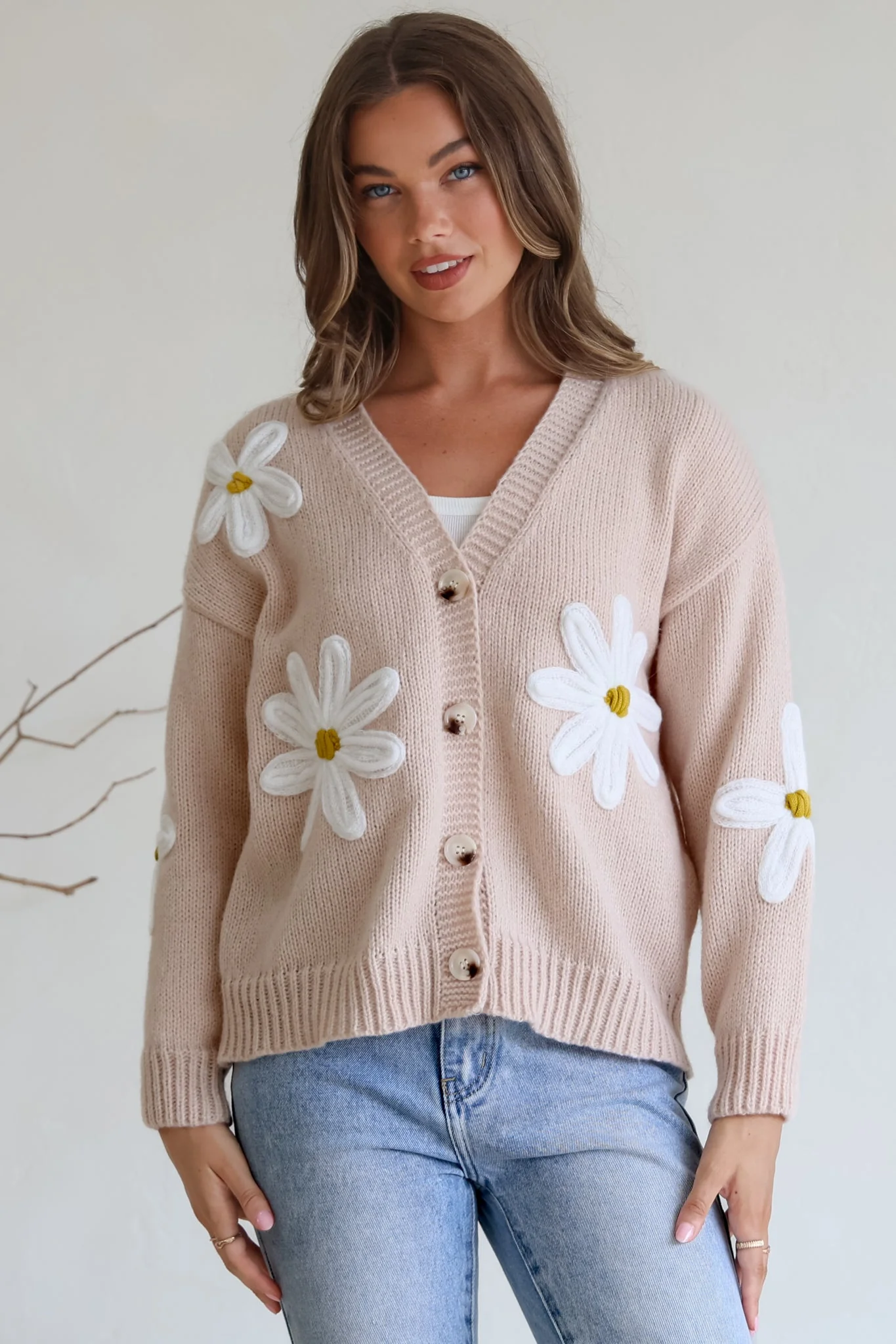 Daisy Belle Cardigan - Cropped Thick Knit Cardigan with Flower Decals in Beige - Image 6
