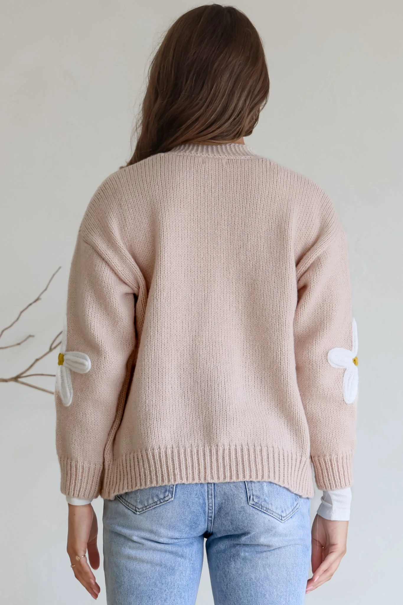 Daisy Belle Cardigan - Cropped Thick Knit Cardigan with Flower Decals in Beige - Image 8