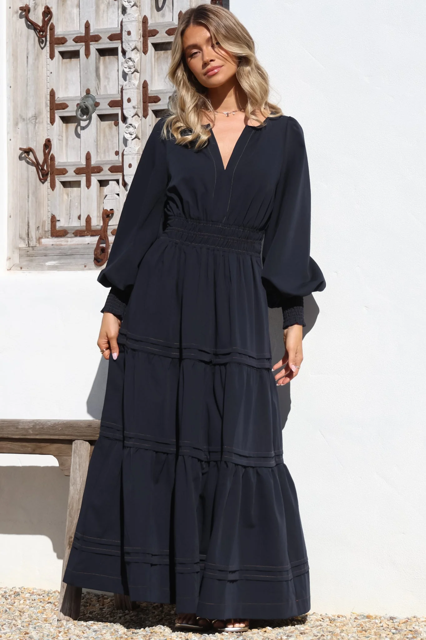Dara Maxi Dress - Mandarin Collar Tiered Dress with Pockets in Navy - Image 6