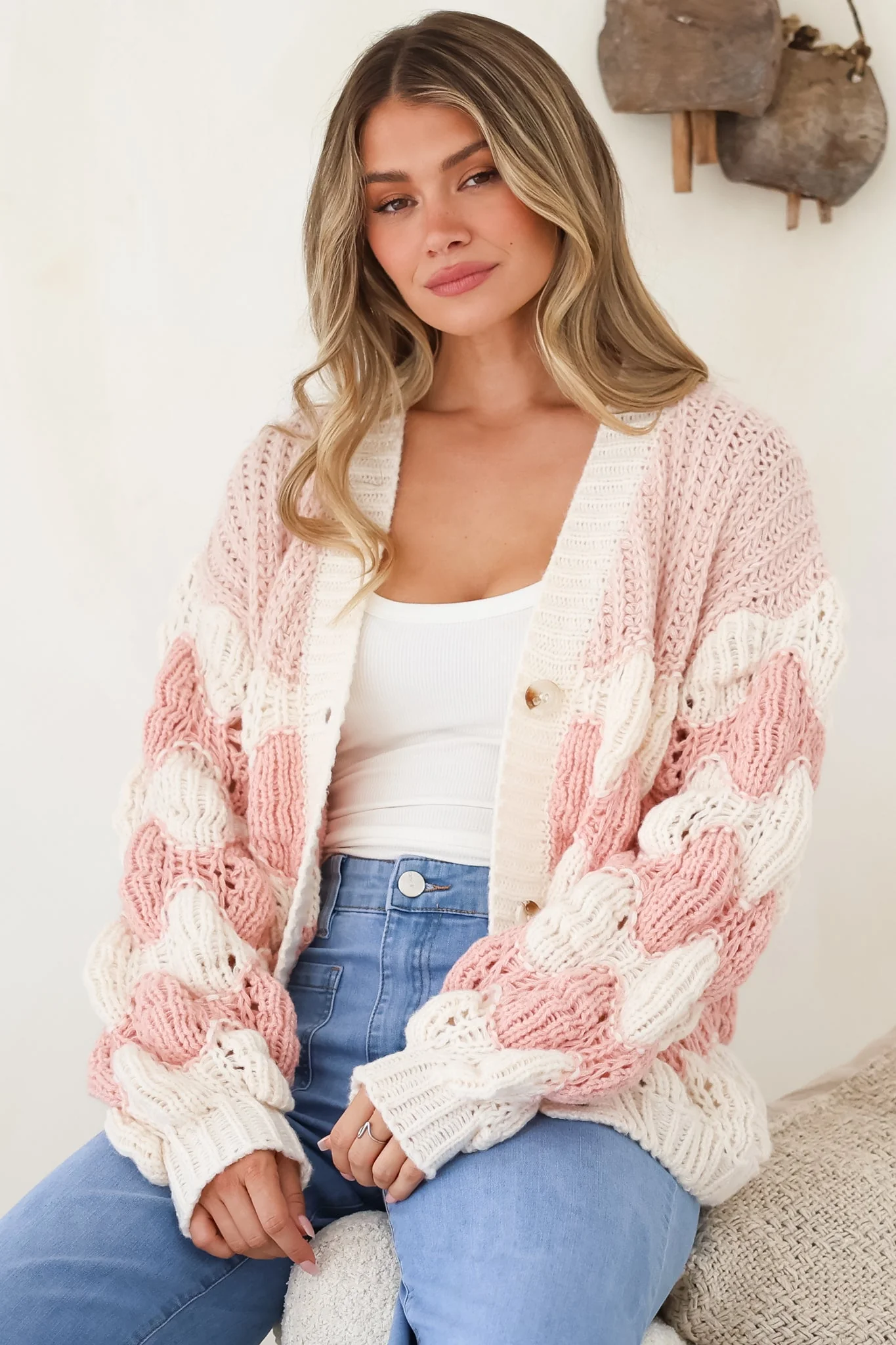 Deborah Cardigan - Relaxed Button Front Stripe Bubble Knit in Pink - Image 3