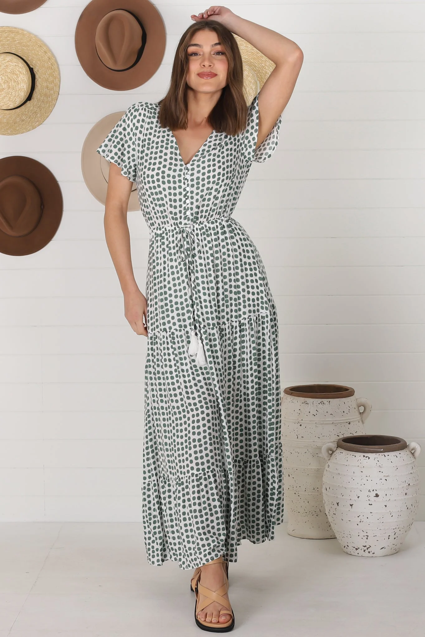 Derla Maxi Dress - V Neck Cap Sleeve Pull Tie Waist A Line Dress in Maryanne Print Green - Image 3