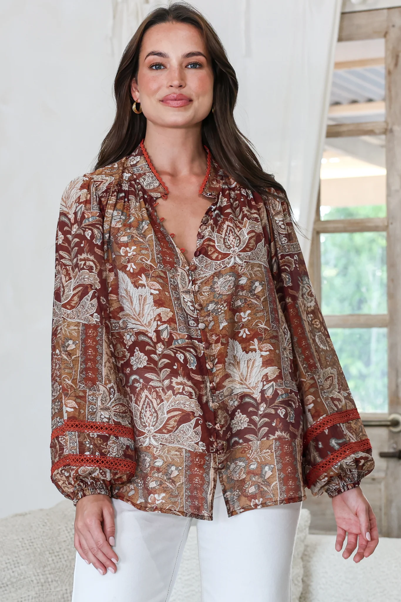 Diandra Blouse - Mandarin Collar Button Down with Lace Insert Detailing in Banter Print - Image 4