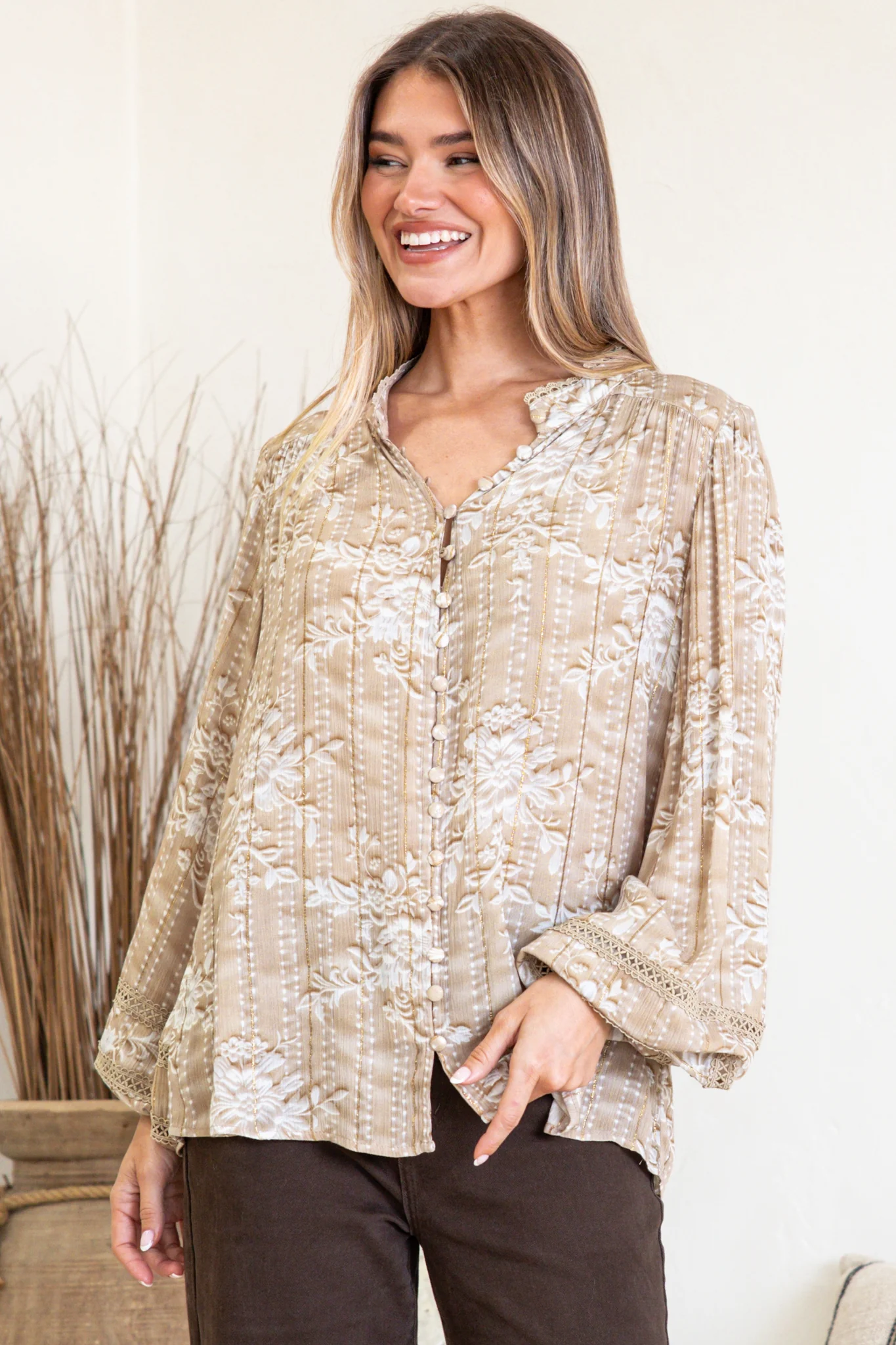 Diandra Blouse - Mandarin Collar Button Down with Lace Insert Detailing in Rossa Print - Image 4