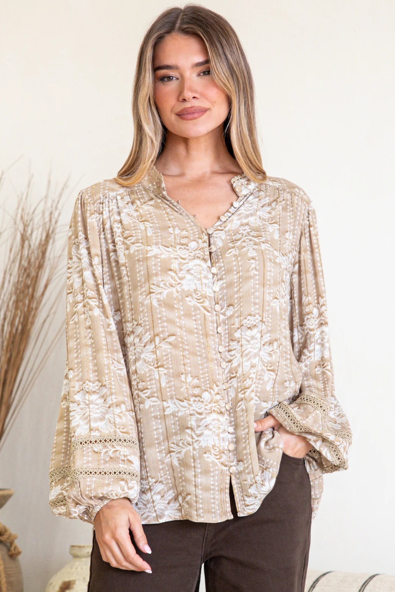 Diandra Blouse - Mandarin Collar Button Down with Lace Insert Detailing in Rossa Print - Image 6