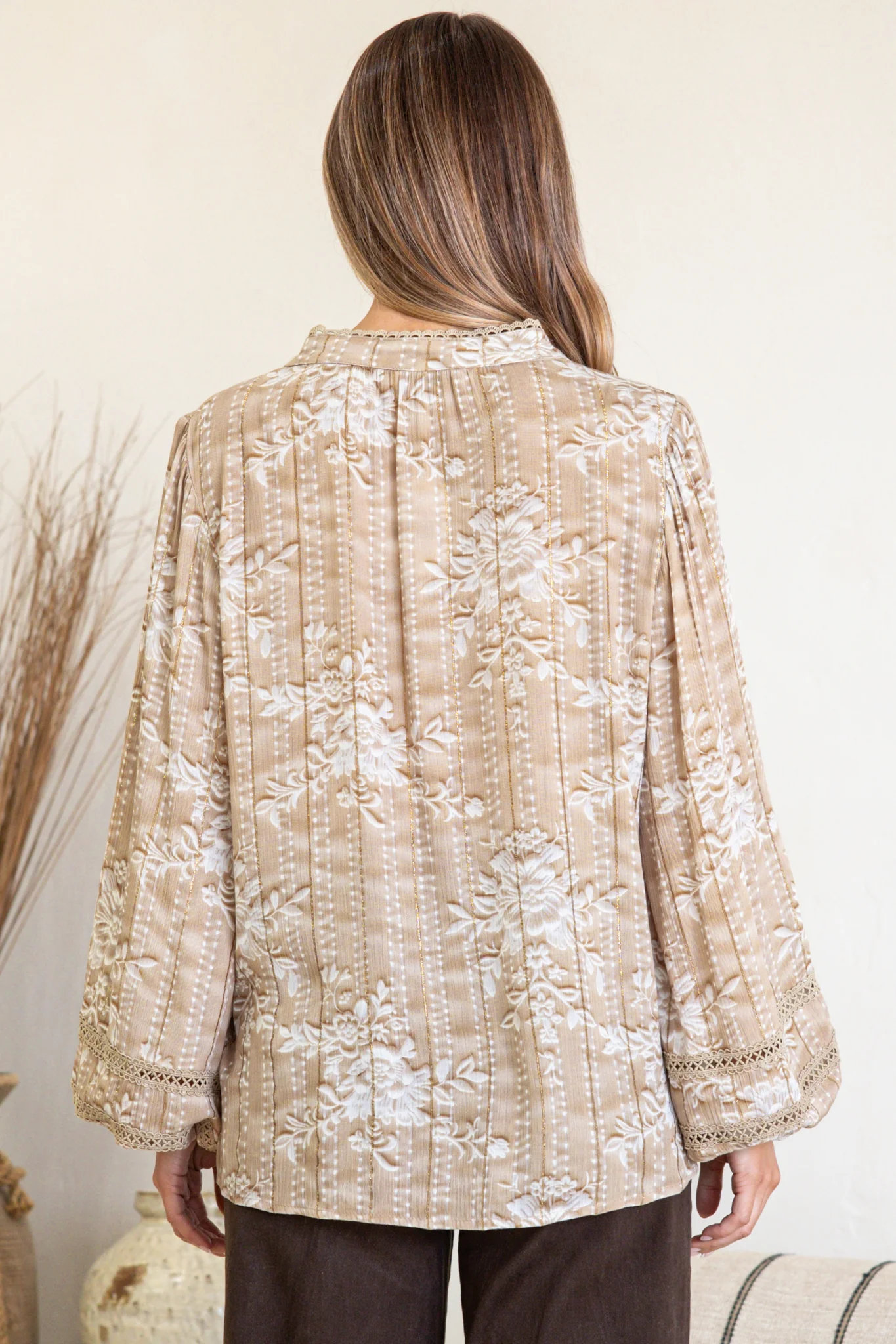 Diandra Blouse - Mandarin Collar Button Down with Lace Insert Detailing in Rossa Print - Image 8