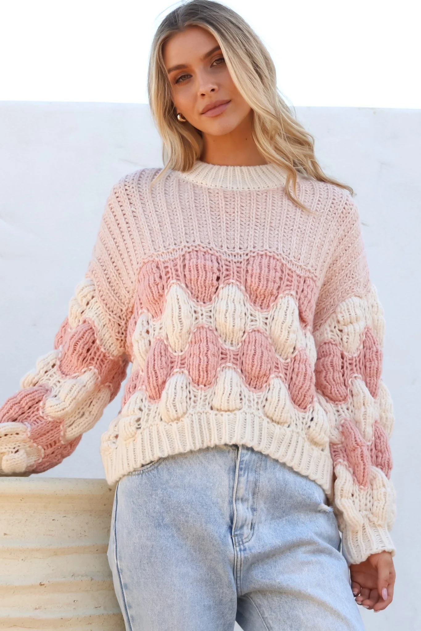 Eleanora Jumper - Crew Neck Bubble Sleeve Stripe Knit Jumper in Pink - Image 2
