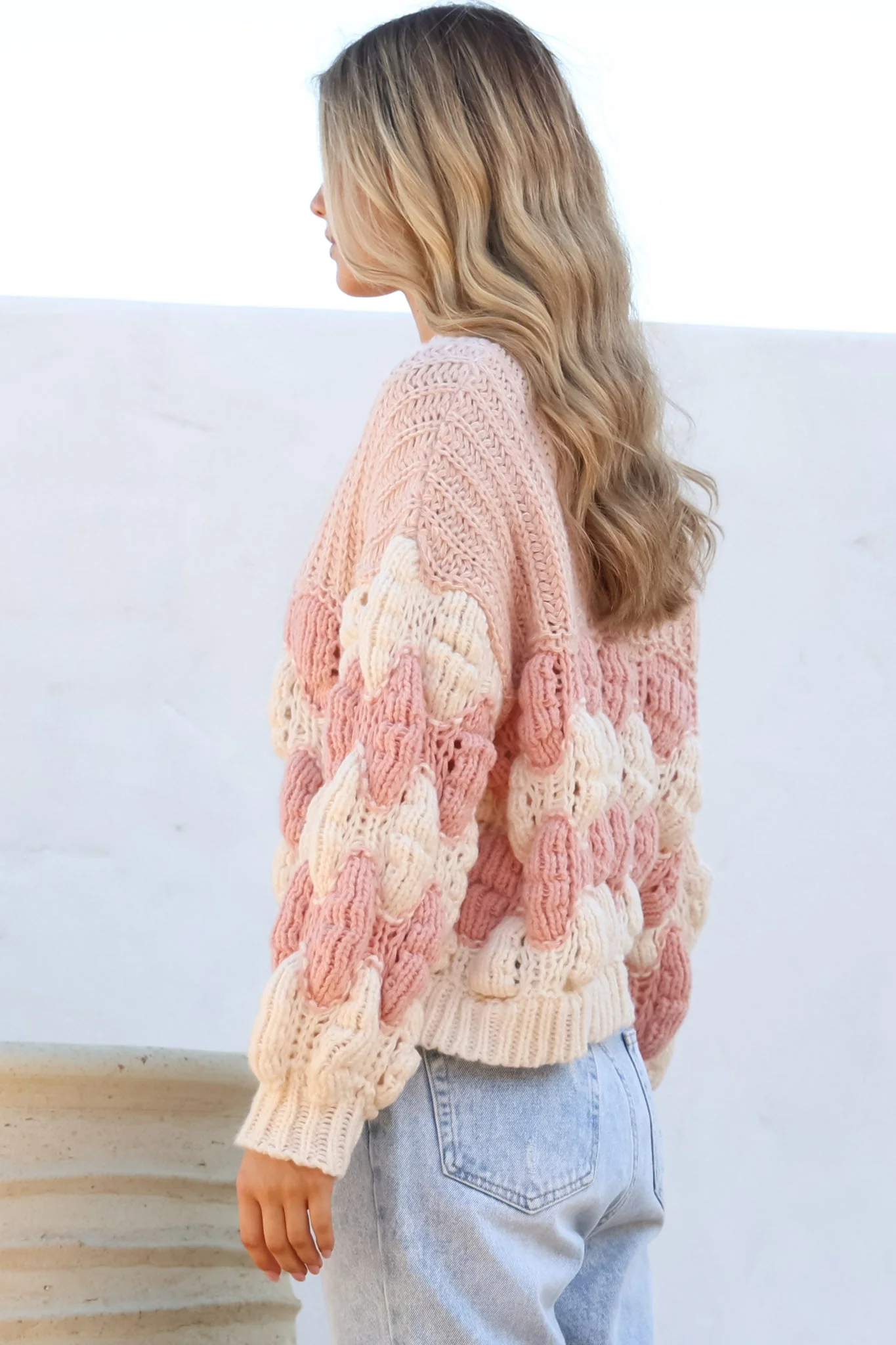 Eleanora Jumper - Crew Neck Bubble Sleeve Stripe Knit Jumper in Pink - Image 7