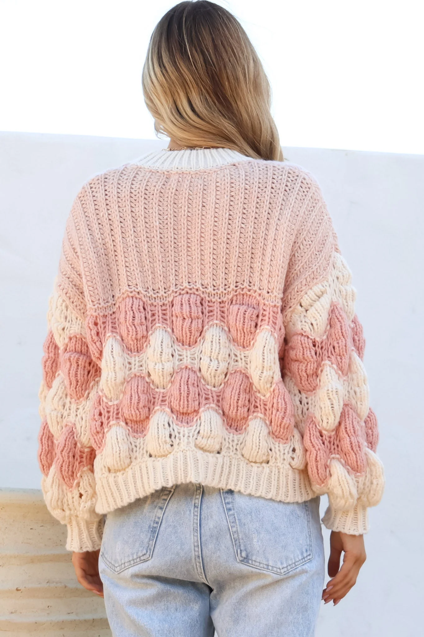 Eleanora Jumper - Crew Neck Bubble Sleeve Stripe Knit Jumper in Pink - Image 8