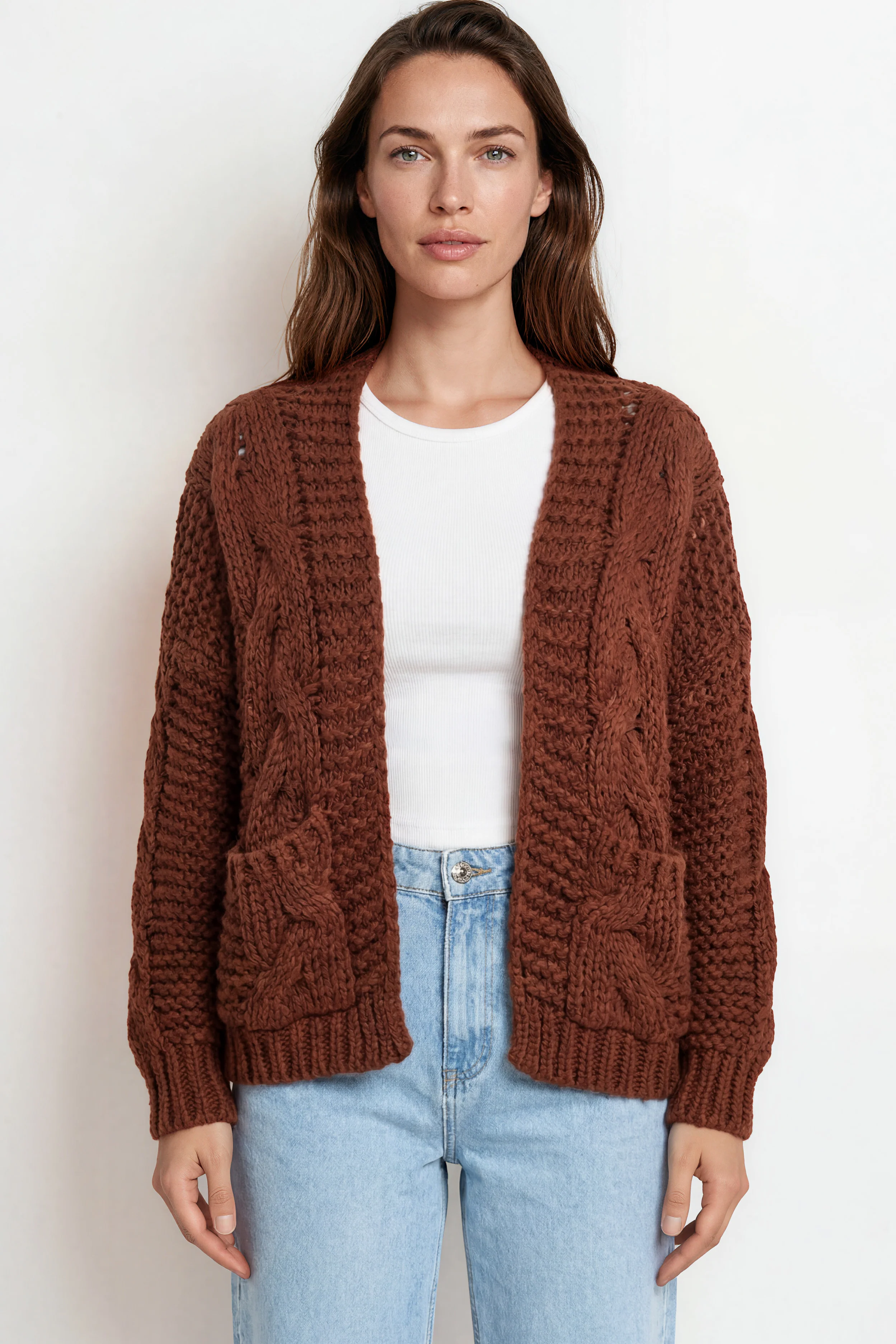 Elias Cardigan - Open Front Thick Cable Knit with Pockets in Brown - Image 2