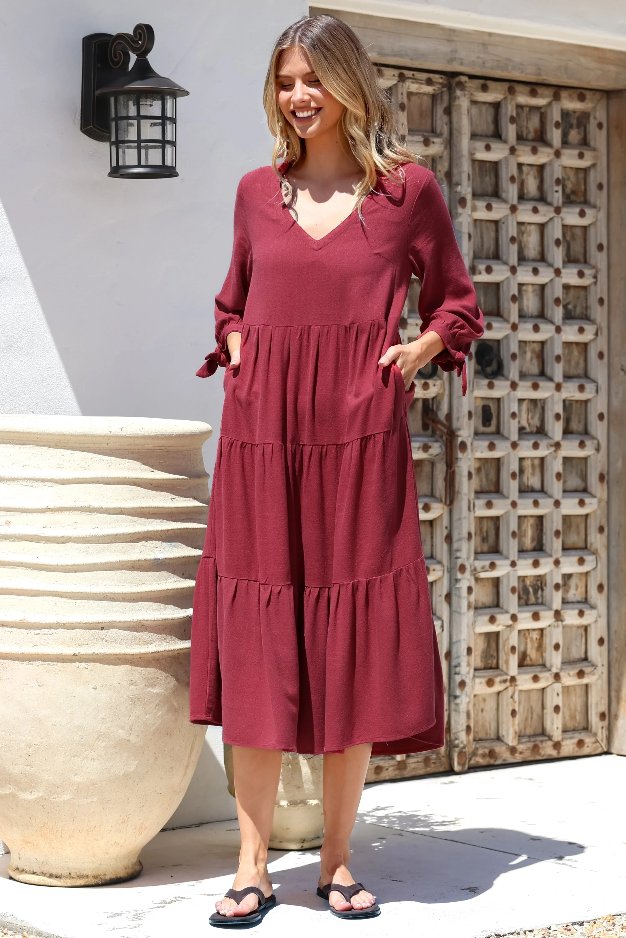 Elisabette Midi Dress - V-Neck Tiered Linen Dress with 3/4 Tie Cuff Sleeves in Rust - Image 6