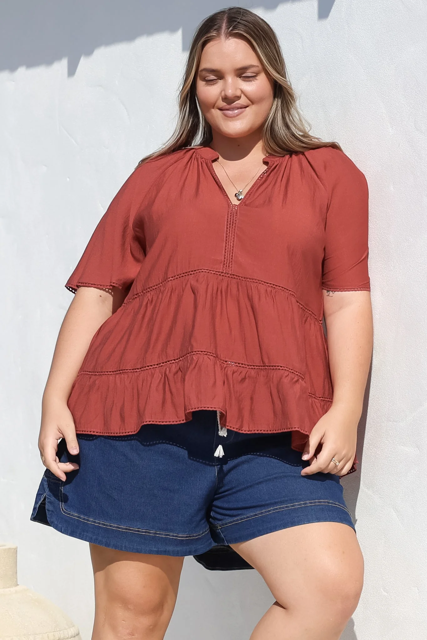 Ellery Top - Mandarin Collar Smock Top with Ladder Lace Insert Splicing in Rust - Image 6