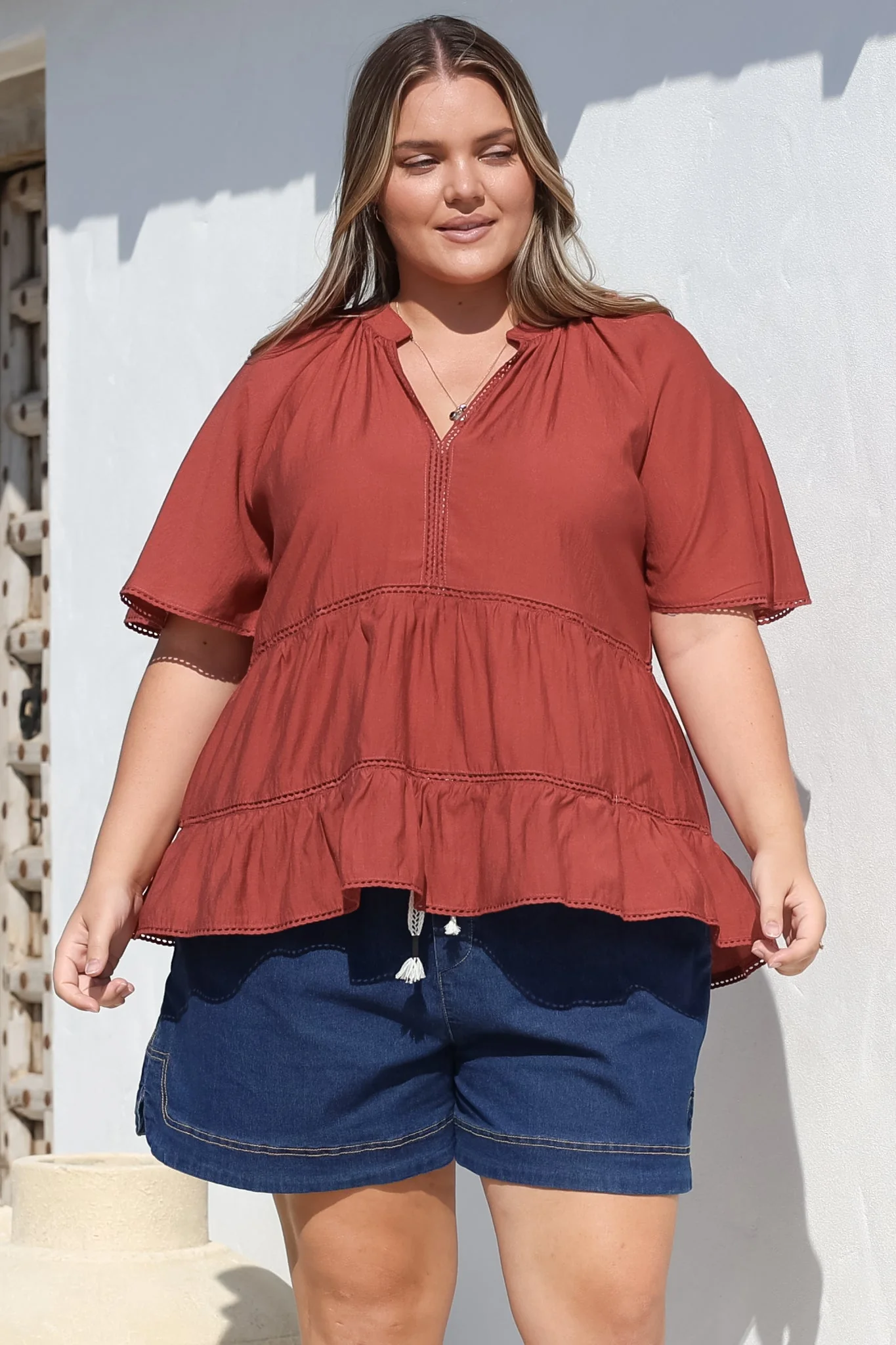 Ellery Top - Mandarin Collar Smock Top with Ladder Lace Insert Splicing in Rust - Image 7