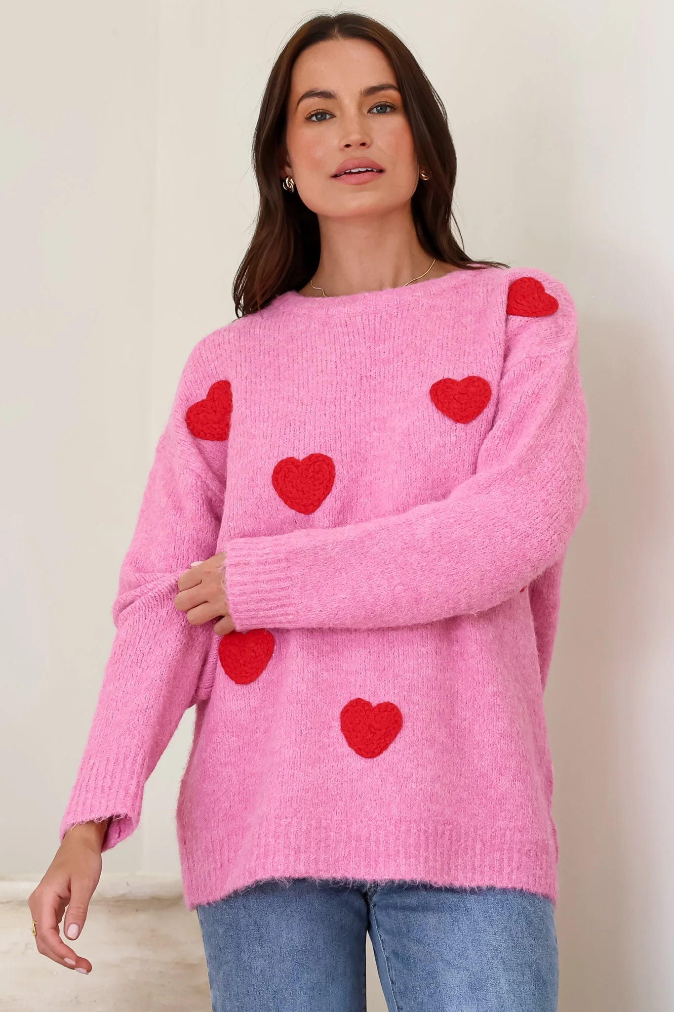 Ellie Jumper - Crew Neck Pull Over Contrast Heart Print Knit in Pink - Image 6