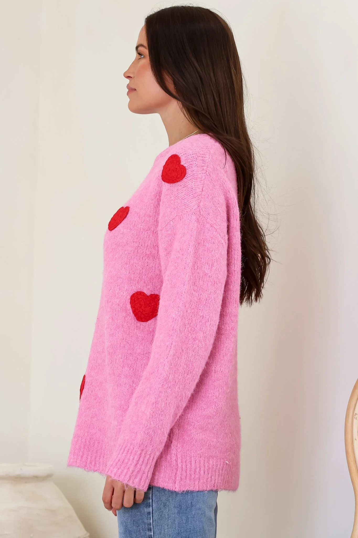 Ellie Jumper - Crew Neck Pull Over Contrast Heart Print Knit in Pink - Image 7